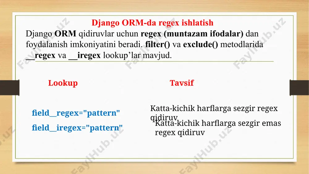 when(email__regex=r"@gmail\.com$", then=value(1)), default=value(0), output_field=integerfield() ) ) 🔹 bu kodda: agar email "@gmail.com" bilan tugasa, is_gmail = 1 bo‘ladi. aks holda, is_gmail = 0 bo‘ladi. annotate() yordamida har bir yozuvga yangi ustun qo‘shildi (is_gmail). __iregex bilan katta-kichik harflarga sezgir bo‘lmagan qidiruv __iregex orqali katta-kichik harflarga sezgir bo‘lmagan qidiruv amalga oshirish mumkin. misol: "manager" so‘zi istalgan joyda kelgan username’larni topish (katta-kichik harflarga sezgir emas). users = user.objects.filter(username__iregex=r"manager") 🔹 bu kodda: manager → "manager" so‘zi username'ning istalgan joyida bo‘lishi mumkin. __iregex → "manager", "manager", "manager" kabi har xil variantlarni ham topadi. regex orqali telefon raqamlarini tekshirish django orm regex orqali faqat ma’lum formatdagi telefon raqamlarini tanlab olish mumkin. misol: +998 bilan boshlanadigan va 9 ta raqamga ega bo‘lgan telefon raqamlarini olish. from myapp.models import contact uzb_numbers = contact.objects.filter(phone_number__regex=r"^\+998\d{9}$") 🔹 bu kodda: ^\+998 → "998" bilan boshlanishi kerak. \d{9}$ → keyin 9 ta raqam bo‘lishi kerak. django view va middleware da regex bilan ishlash …