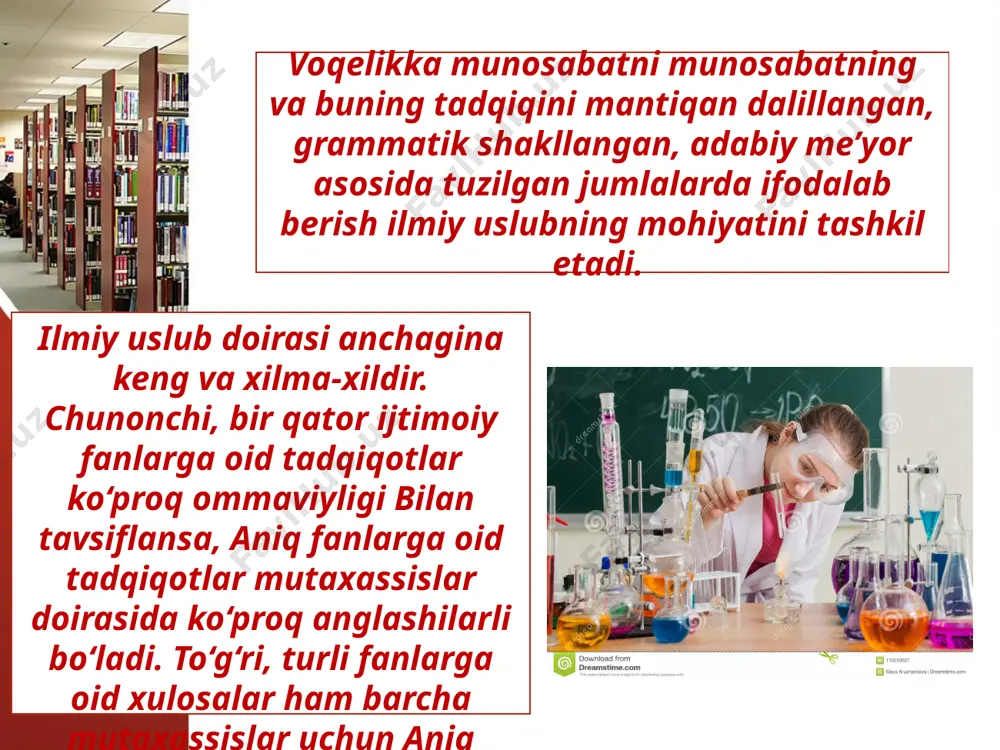 loqadorlikdir. bu axborotlar isbotlangan, dalillangan va umumlashganligi, yozma nutq shaklida nomoyon bo‘lishi uning o‘ziga xos xususiyatlaridir. axborotning holisligi va umumlashganligi, mantiqiy va izchilligi, aniq va batafsilligi bu uslubga xosdir. bu uslubda avtor shaxsi ifodalanmaydi, buyoqdor so‘zlar uchramaydi. xar bir fan sohasiga oid shartli qisqartmalar va ramziy belgilar uchraydi. shu fanga oid terminlar uchraydi. albatta, ilmiy texnik bayon ilmiy matematik bayondan yoki qat’iy ilmiy bayon ilmiy-ommabop bayondan ma’lum darajada farqlanadi. bu tafovutlar bayon qilish situatsiyasi va bayon qilish «materiali»dan kelib chiqadi. binobarin, ilmiy-texnik, ilmiy-ommabop, ilmiy-ommabop matematik bayonlar ilmiy uslubning ko‘rinishlari bo‘lgani uchun, ular ilmiy uslubga xos umumiy, yaxlit xususiyatlarga ega bo‘ladi. ilmiy uslubning barcha belgi-alomatlari ularning har birida o‘ziga xo sbir shaklda takrorlanadi. masalan ilmiy uslubning ilmiy-ommabop variantida yozilgan biron fanga oid kitob, maqola va leksiyalar shu fan masalalari bilan tanish bo‘lmagan kishilar uchun mo‘ljallanganda material ularga tushunarli shaklda bayon etiladi, fikr jonli va qiziqarli tushuntiriladi, ilmiy terminlar kam qo‘llaniladi, umuman …