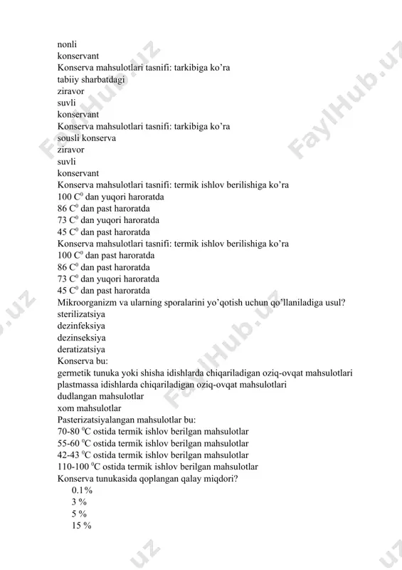 mahsulotlarida qanday patogen mikroorganizmlar bo’lishiga ruxsat etiladi? bac. putrificus cl. botulinum cl. perferingens gripp konserva mahsulotlarida qanday patogen mikroorganizmlar bo’lishiga ruxsat etiladi? bac. mesentericus cl. botulinum cl. perferingens gripp virus tekshirish uchun nechta namnuna olinadi? umumiy bankalar 1/30 qismi umumiy bankalar 1/5 qismi umumiy bankalar 1/18 qismi umumiy bankalar 1/45 qismi nechta laborator namuna olinadi: konserva og’irligi 1 kg dan kam bo’lsa? 5 ta kimyoviy, 5 ta bakteriologik laboratoriyaga 1 ta kimyoviy, 1 ta bakteriologik laboratoriyaga 6 ta kimyoviy, 4 ta bakteriologik laboratoriyaga 8 ta kimyoviy, 10 ta bakteriologik laboratoriyaga nechta laborator namuna olinadi: konserva og’irligi 1 kg dan ko’p bo’lsa? 3 ta kimyoviy, 3 ta bakteriologik laboratoriyaga 7 ta kimyoviy, 1 ta bakteriologik laboratoriyaga 2 ta kimyoviy, 6 ta bakteriologik laboratoriyaga 6 ta kimyoviy, 0 ta bakteriologik laboratoriyaga (р-рыба, м-мясо, к-мева) belgilari nimani anglatadi? konserva turi ishlab chiqarish sanasi zavod belgisi smena raqami konserva bankalari germetikligini tekshirish usullari? arbitraj, …