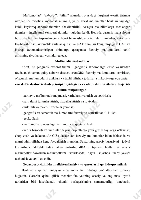 tishdir. geoaxborot tizimida intellektualizatsiya va qarorlarni qo‘llab-quvvatlash boshqaruv qarori muayyan muammoni hal qilishga yo‘naltirilgan ijtimoiy hujjatdir. qarorlar qabul qilish menejer faoliyatining asosiy va eng mas’uliyatli turlaridan biri hisoblanadi, chunki boshqarishning samaradorligi, binobarin, mehmonxona ishining samaradorligi boshqaruv qarorlari to‘g‘ri va o‘z vaqtida qabul qilinishiga bog‘liq bo‘ladi. qarorlar qabul qilish zaruriyati boshqarish jarayonining barcha bosqichlarida yuzaga keladi va boshqaruvchi mehnatining turli jihatlari bilan bog‘liq bo‘ladi. garchi biz har birimiz kun davomida o‘nlab qarorlar (qaerda tushlik qilsam ekan? nima sotib olsam ekan? va h.k.) qabul qilsak-da, boshqaruv qarorlari qabul qilish kundalik shaxsiy hayotda qabul qilinuvchi qarorlardan ancha farq qiladi. menejer uchun qarorlar qabul qilish – doimiy va mas’uliyatli ish. har qanday darajadagi mehmonxona rahbari o‘z faoliyatida har qadamda muayyan qarorlar qabul qilish zaruriyatiga to‘qnash keladi. qabul qilingan qarorlar nafaqat menejerga, balki boshqa odamlarga va aksariyat hollarda butun mehmonxonaga ham tegishli bo‘lganligi uchun mazkur jarayonning tabiati va mohiyatini tushunish boshqarish sohasida muvaffaqiyatga erishishni istagan …