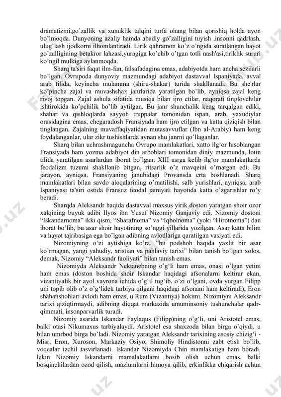 ,qalb nidosini tinglashga chorlaydi. asarlarda insonparvarlik,millatsevarlik ideallarini namoyon etgan qahramon tanlanib, betakror obraz yaratiladi. she'riyatda tuyg‘u,kechinma dramatizmi,go’zallik va xunuklik talqini turfa ohang bilan qorishiq holda ayon bo’lmoqda. dunyoning azaliy hamda abadiy go’zalligini tuyish ,insonni qadrlash, ulug‘lash ijodkorni ilhomlantiradi. lirik qahramon ko’z o’ngida suratlangan hayot go’zalligining betakror lahzasi,yuragiga ko’chib o’tgan totli nash'asi,tiriklik sururi ko’ngil mulkiga aylanmoqda. sharq ta'siri faqat ilm-fan, falsafadagina emas, adabiyotda ham ancha sezilarli bo’lgan. ovrupoda dunyoviy mazmundagi adabiyot dastavval ispaniyada, avval arab tilida, keyincha mulamma (shiru-shakar) turida shakllanadi. bu she'rlar ko’pincha zajal va muvashshax janrlarida yaratilgan bo’lib, ayniqsa zajal keng rivoj topgan. zajal ashula sifatida musiqa bilan ijro etilar, naqorati tinglovchilar ishtirokida ko’pchilik bo’lib aytilgan. bu janr shunchalik keng tarqalgan ediki, shahar va qishloqlarda sayyoh truppalar tomonidan ispan, arab, yaxudiylar orasidagina emas, chegaradosh fransiyada ham ijro etilgan va katta qiziqish bilan tinglangan. zajalning muvaffaqiyatidan mutasavvuflar (ibn al-arabiy) ham keng foydalanganlar, ular zikr tushishlarda aynan shu janrni qo’llaganlar. sharq …