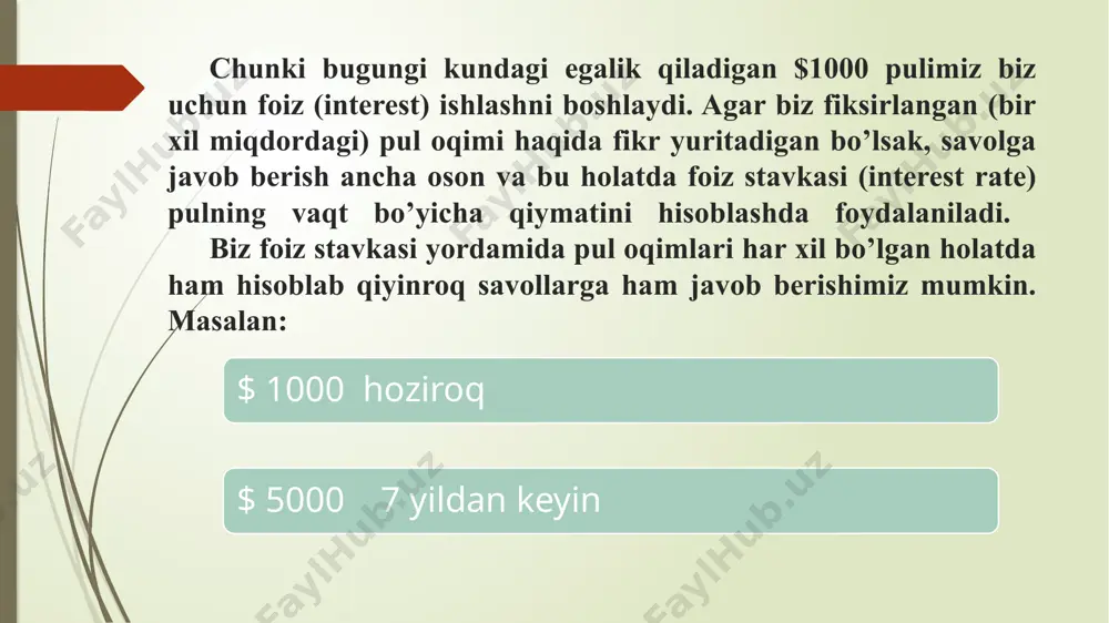 bankka qo’yib ko’paytira oladigan foizini ham qaytarishni vada qildingiz. hisob kitobingiz bo’yicha siz quyidagicha qaytara olishingiz imkoniyati bor: bir yildan so’ng $5000 qaytara olasiz, va keyingi har 3 yil oxirida $8000 dan qaytara olasiz. agar do’stingiz pulini yiliga 6% dan ko’paytira olsa, siz undan qancha miqdorida qarz olish imkoniyatingiz bor. sof joriy qiymat (npv) net present value npv = pv(darmad) - pv(xarajat) masla sizga quyidagi investitsiya imkoniyati taklif etilmoqda: agar bugun 1000 dollar sarmoya qilsangiz, kelgusi uch yil, har yilning oxirida 500 dollardan daromad olasisz. agar pulingizni boshqa faoliyatga yo’naltirganizda sarmoyangiz yiliga 10% dan ko’paysa, siz bu taklifni qabul qilasizmi? har doim ishni vaqt chizig’i chizishdan boshlaymiz davr boshidagi pul oqimini manfiydan yozamiz(chunki bu sarflanadigan pul), keladigan daromadlarni musbat qilib kiritamiz qaror qabul qilishimizdan oldin pul oqimlaring sof joriy qiymati (npv) ni hisoblab chiqamiz npv ijobiy (musbat). demak bu investitsiya foydali. darhaqiqat, bu sizning bugungi kunda qo'shimcha $ 243,43 miqdoriga …