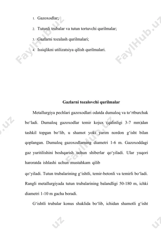 roratda (100-1000oc gacha) ishlashi mumkin. gazlar kamerada 10-50 sek davomida bo‘ladi. inersion chang ushlagichlar. changni cho‘ktirish uchun inersiya kuchi ishlatiladi. inersion chang ushlagichlarning asosiy turlari: 1. siklonlar; 2. batareyali siklonlar; 3. jalyuzili chang ushlagichlar. siklonlardagi asosiy harakatlanuvchi kuch markazga intilma inersiyasidir. u gazlarni aylanishi natijasida hosil bo‘ladi. filtrli chang ushlagichlar. changlangan gazlarni filtrlovchi matodan yoki g‘ovakli muhitda filtrlash prinsipiga asoslangan. sanoatda ko‘proq matoli engli filtr ishlatiladi. bu filtrlar qo‘y junidan tayyorlanadi. nam chang ushlagichlar. nam chang ushlagichlarga skrubberlar misol bo‘la oladi. elektrostatik chang ushlagichlar. elektr maydoni va chang zarrasi zaryadi ta’sirlashishida turli zaryadli zarralar bir-biriga tortiladi. changlangan gazlar ikkita elektrod orasidan o‘tkaziladi, elektrodlar yuqori kuchlanishli doimiy tok manbaiga ulanadi. kombinirlashgan chang ushlovchilar. oldin ko‘rib chiqilgan besh xil chang ushlovchi qurilmalar birin-ketin ulanganligi 2-4 bosqichdan iborat. rangli metallurgiyada kombinirlashgan chang ushlovchilar keng tarqalgan. ular chang ushlovchilar alohid turlaridan qurilgan: 1. chang ushlovchi kameralar yoki siklon – elektrofiltr; 2. chang ushlovchi kamera …