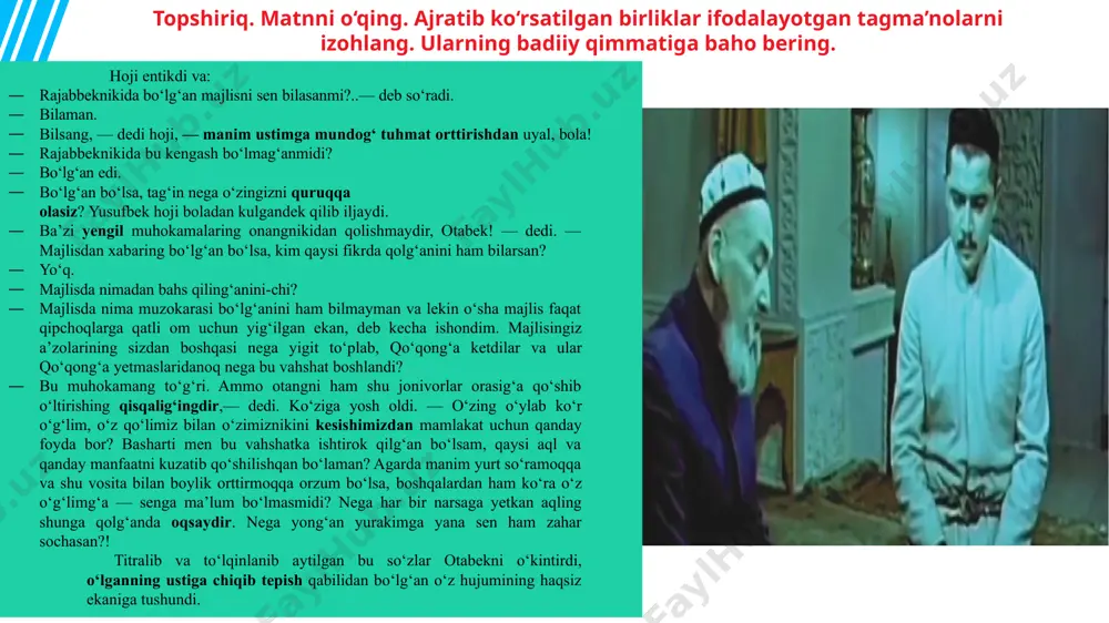 imirlab, buloqdan suv qochdi. mingbuloq ham o‘sha jili qurib qogan... bir zamonlar bundan uch tegirmon suv hayqirib oqardi, desang, birov ishonmaydi. oquvi zo‘r edi, kela-kelguncha nishoblikda. ana qarag‘in, haliyam izi bor. (n.norqobilov 05 02 03 04 01 shevaga xos so‘zlar ma’lum bir hududda yashovchi kishilar nutqiga xos so‘z shevaga xos so‘z deyiladi: kallapo‘sh (buxoro) - do‘ppi, g‘o‘z (xorazm) - yong‘oq, mishiq (farg‘ona) - mushuk. sheva so‘zi fanda dialektizm deb ham yuritiladi. badiiy adabiyot va kinofilmlarda mahalliy ruhni aks ettirish, asar qahramoni nutqini aniq berish maqsadida shevaga xos so‘zdan foydalaniladi. ayrim so‘z adabiy tilda boshqa, shevada boshqa ma’noda ishlatiladi. masalan, irkit so‘zi abadiy tilda kir, iflos degan ma’no bilan qo‘llansa, ayrim shevada ayron xalta, boshqasida esa beo‘xshov, qo‘pol ko‘rinishli ma’nosiga ega. yoki lagan so‘zi toshkentda osh suziladigan chinni tovoq, samarqandda kir yuviladigan tog‘ora ma’nosida qo‘llanadi. sheva so‘zini uning adabiy tildagi muqobiliga sinonim sanamaslik lozim. 27.4- mashq. berilgan matnlarni qiyoslab, shevaga xos …