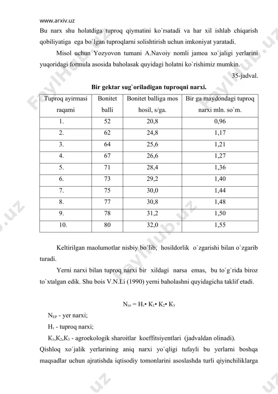 n kadastr xujjatlariga, yer narxiga bog`liq bo`ladi. "yer to`g`risida"gi va "davlat yer kadastri to`g`risida"gi qonunlarni buzgan, jumladan tuproqqa zarar keltiradigan, yaoni uni zaharlagan, o`nga nisbatan xo`jasizlik qilgan har qanday shaxs moddiy va maonaviy, hatto jismoniy javobgarlikka tortiladi. bu borada moddiy javobgarlik summasini aniqlash qator tortishuvlarga olib keladi, sabab yagona narx belgilash qoidalari mukammal ishlanmagan. yuqorida keltirilgan v.n.li ishlariga asosan nisbiy aniqlikda bo`lsada yerga narx belgilash mumkin. lekin buning uchun jadval maolumotlari bo`lishi bilan birga tuproq narxi aniq va ravshan bo`lishi kerak. 36-jadval. agroekologik sharoitga ko`ra koeffitsiyentlar. ер юзининг қиялиги қия текислик экспозицияси агроиқлимий потенциал градус к1 экспозиция к2 σх> 10ос к3 0.50. 0.8 - - 6 o`rtacha 6 o`rtacha 4-8 1,38 1,35 1,32 1,29 1,33 6 o`rtacha 8-12 1,26 1,23 1,21 1,19 1,22 6 o`rtacha 12-16 1,17 1,15 1,13 1,11 1,14 6 o`rtacha 16,20 1,09 1,07 1,05 1,03 1,06 6 o`rtacha >20 1,01 1,00 1,00 1,00 1,00 aniq maolumotlar yetishmasa …