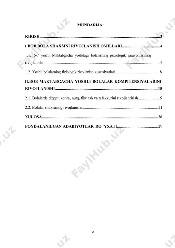 va tushunchalar beradi, ularga madaniy axloq, o'z tengdoshlari va kattalar bilan madaniyatli manosabatda bo'lish odatlarini singdiradi, yaxshilik, haqiqatgo'ylik, adolat, jasurlik, kamtarinlik, kattalarga hurmat bilan qarash, tabiatga qiziqish, kuzatuvchanlik, o'simlik va hay vonlarga g'amxo'rlik bilan qarash, mehnatsevarlik, kattalar mehnati natijalarini asrab-avaylash kabi axloqiy sifatlar tarbiyalaydi. yuqoridagilarni hisobga olgan holda kurs ishining dolzarbligi asoslandi. maktabgacha ta'limning maqsad va vazifalari. davlat talablarida maktabgacha ta'lim-tarbiyaning mazmuni. bolalarni maktabga tayyorlash fanining boshqa fanlar bilan aloqasi. maktabgacha ta'lim muassasasida ta'lim- tarbiya ishini davr talabi ekanligi. maktabgacha ta'lim muassasasida bolalarni rivojlantirish bosqichlari. maktabgacha ta'lim muassasasida davlat talablari asosida bolalarni maktabga tayyorlash. maktabga tayyor bolaga qo'yiladigan davlat talablari. «ta'lim to'g'risida»gi qonun va «kadrlar tayyorlash milliy dasturi»da maktabgacha ta'lim. maktabgacha ta'lim to'g'risidagi nizomda maktabgacha ta'lim vazifalari. maktabgacha ta'limni tashkil etish va maktabgacha ta'lim turiga pedagogik kadrlarni tayyorlash masalalari. maktabgacha tarbiya konsepsiyasi mazmuni. maktabgacha yoshdagi bolalarning ma'naviy etukligiga qo'yiladigan davlat talablari. maktabgacha yoshdagi bolalarning ma'naviy jixatdan etukligiga qo'yiladigan minimal talablar. …