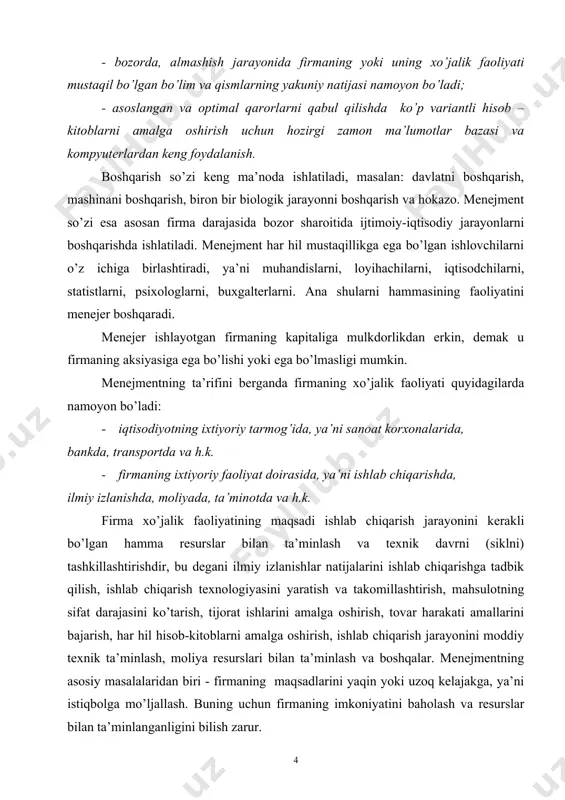li yondoshish; - vaziyatli yondoshish. menejmentning maqsadi va vazifalari. menejmentning yakunlovchi maqsadi firmaning ishlab chiqarish jarayonini rasional tashkil qilish orqali, shu jumladan ishlab chiqarishni boshqarish, texnik-texnologik bazani rivojlantirish hamda kadrlar potensialini samarali ishlatish orqali, faoliyat natijasida foyda yoki daromad olishni ta’minlash. firmaning daromadliligi uning ishlab chiqarish harajatlarini (xom-ashyoga, materiallarga, energiyaga, haq to’lashga, moliyalashtirishga xarajatlarni) kamaytirish orqali va ishlab chiqarish natijasida daromadning o’sishi orqali namoyon bo’ladi. menejmentning muhim vazifalaridan biri - talabgorlarning talabini e’tiborga olgan holda, moddiy va mehnat resurslari mavjudligini hamda korxona rentabelligini ta’minlash, bozorda uni mustahkam o’rin egallashni e’tiborga olib, mahsulot ishlab chiqarishni va xizmat ko’rsatishni tashkillashtirish. shu asosda menejmentning vazifalariga quyidagilar kiradi: - ishlab chiqarishni avtomatizasiyalashni ta’minlash, yuqori malakaga ega bo’lgan hodimlarni va ishchilarni jalb qilish; - ishlash sharoitini yaxshilash, yuqori ish haqini belgilash orqali firma hodimlarini rag’batlantirish; - firma faoliyatining samaradorligini nazorat qilish va hamma bo’lim ishlarini o’zaro muvofiqlashtirish. - yangi bozorlarni qidirish va o’zlashtirish. bundan tashqari, …