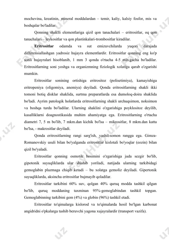 ridni o'pkalarga tashib beruvchi yagona xujayralardir (transport vazifa). eritrositlar gazlar almashinuvida qatnashishdan tashqari, o'zlariga har-xil moddalarni, aminokislotalarni va toksinlarni ham yutadilar – bu jarayonga adsorbsiya deyiladi. leykositlar. bu termin yunoncha leikos so'zidan kelib chiqgan bo'lib, oqish-ma'nosini anglatadi. leykositlar organizmda turli-tuman vazifalarni, jumladan trofik va himoya funksiyasini o'taydilar. ularning himoya vazifasi yot zarrachalarni fagositoz qilish, antitelalarni ishlash, immunitet hosil qilish bilan ifodalanadi. sog'lom odamlarda o'rtacha 1 mm 3 qonda 6-8 ming leykosit bo'lib, ularning sonini ortib ketishiga – leykositoz, kamayishiga – leykoseniya deyiladi. bu holatlar fiziologik va patalogik, ya'ni kasalliklar bilan bog'liq bo'lishi mumkin. barcha leykositlar sitoplazmasida maxsus donachalar bo'lish va bo'lmasligiga qarab 2 ta gruppaga ajratiladi. 1) donali va 2) donasiz (granulasit va organulasitlar) leykositlar. donali leykositlarning granulalari qanday bo'yoqlar bilan bo'yalishiga qarab, eozinofillar, bazofillar va neytrofillarga bo'linadilar. agranulasitlar o'z navbatida monosit va limfositlarga ajratiladi. granulasitlarning barcha turlarini tuzilishlari bir-birga o'xshasada, ularning donalarining tarkibi bilan farq qiladilar. neytrofillar – leykositlarning …
