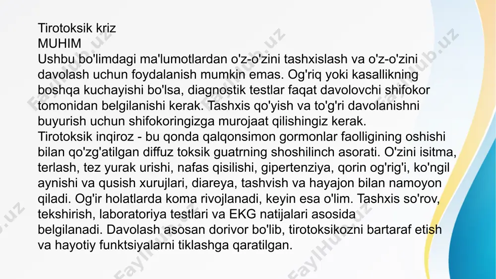 rqalgan sabablari quyidagilardan iborat: boshqa organlarda operatsiyalar. jarrohlik muolajalari yodlangan gormonlar ishlab chiqarishning ko'payishiga olib kelishi mumkin. eter anesteziyasidan foydalanganda xavf ortadi. yuqumli kasalliklar. graves kasalligi bo'lgan odamlarda o'tkir infektsiyalar inqiroz ehtimolini oshiradi. bu borada eng xavfli bronxopulmoner kasalliklardir. qandli diabet. qandli diabetning metabolik asoratlari qo'zg'atuvchi omillarga aylanadi. qalqonsimon bez gormonlari ketoatsidoz, giperosmolyar koma va insulinning katta dozalarini yuborish tufayli gipoglikemiya davrida faolroq ishlab chiqariladi. tirotoksikozning provokatsiyasi. tirotoksikozning kuchayishi yod o'z ichiga olgan gormonlar sekretsiyasini rag'batlantiradigan tashqi omillar tufayli yuzaga kelishi mumkin. bularga antitiroid dorilarni mustaqil ravishda olib tashlash yoki dozasini o'zgartirish, radioyod terapiyasi, yod kontrasti yordamida rentgen tekshiruvi, kaliy yodid eritmasi bilan davolash, bo'qoqni travmatik palpatsiya qilish kiradi. og'ir birga keladigan kasalliklar. inqirozning rivojlanishi serebrovaskulyar avariya, o'pka emboliyasi, o'tkir gastroenterit va travma bilan bog'liq. homilador va tug'ruqdan keyingi ayollar xavf ostida. tirotoksik inqirozning belgilari ko'pincha klinik belgilarning keskin va tez o'sishi kuzatiladi, kamdan-kam hollarda bemorlar prodromal davrni tirotoksikoz belgilarining …