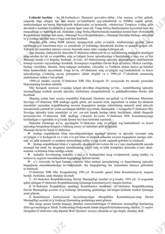 xususan o’zbekiston hayotida muhim ahamiyat kasb etadi. nima uchun? totalitar tuzum davrida davlat mamlakat boshqaruv tizimidan tortib alohida-alohida shaxslarning kundalik turmushiga va istiqbo-liga daxldor bo’lgan har qanday katta-kichik masalalarni hal etishni o’z zimmasiga olgani uchun mehnatkash xalq moddiy va fikriy boqimandalik kayfiyatiga duchor bo’lgan edi. u faqat ishlash huquqiga ega edi, xolos. mehnat deb atalgan hissiz mashinaning murvatiga aylanib qolgan edi. ertadan kechgacha mehnat qilasan, mehnating-ga yarasha ochdan o’lmaslikka u etadigan haqqingni olasan, tamom-vassalom. bu - sobiq ittifoqda qonun kuchiga ega bo’lgan davlat siyosati edi. odamzod shunchaki ishlar, shunchaki umr kechirardi, xolos. tiriklik degan buyuk ne’matning, hayot degan oliy tushun-chaning mag’zini chaqishga o’zida rag’bat ham, ehtiyoj ham sezmas edi. binobarin, aql bilan ish tutish, voqelikni idrok qilish, bunyod etish, yaratish, ijodkorlik tuyg’ulari butunlay so’ndirilgan edi. shuning uchun ham mamlakat taraqqiyoti sustlashib, odamlar turmush darajasi pasayib borardi. 2. o’zbekistonning iqtisodiy mustaqillik va siyosiy suvereniteti uchun amaliy xarakatlar. xx asrning 90-yillariga kelib …