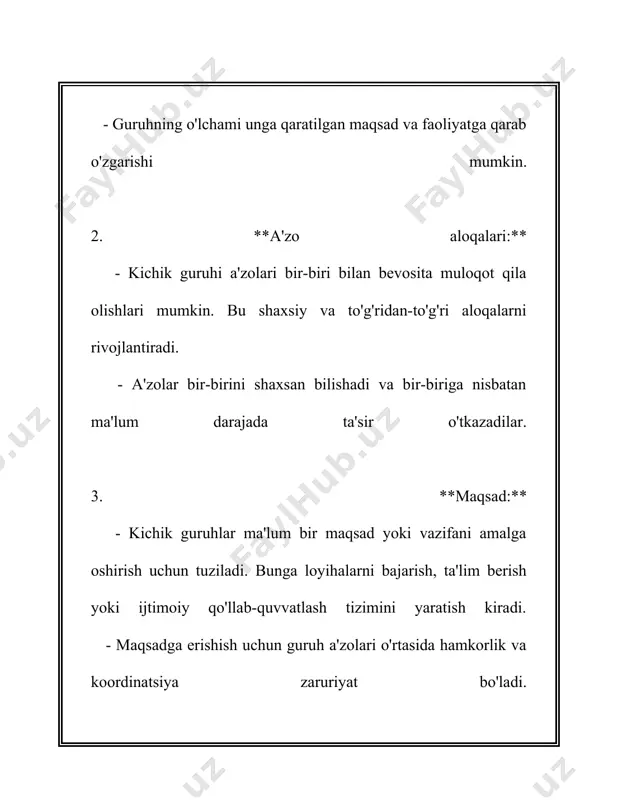ish jarayonini tezlashtirishdir. samarali liderlar guruh a'zolarining yangi ko'nikmalarni o'zlashtirish jarayonini 20% tezlashtirishi mumkin. 7. **yaratayotgan qarorlar sonini 15% gacha oshirish**: kichik guruhda kuchli liderlik a'zolarning qat'iy jihatdan va aniq maqsadlarga yo'naltirilgan qarorlar qabul qilishlariga yordam beradi. bu esa qaror qabul qilish samaradorligini 15% gacha oshirish imkonini beradi. 8. **ishonchni oshirish**: liderlik ishonchni 35% gacha oshirishi mumkin. ishonchli liderlar guruh a'zolari o'rtasidagi aloqalarni o'rnatadi, bu esa ichki birlik va ishonch darajasining oshishiga olib keladi. ushbu raqamlar va faktlar kichik guruhlarda liderlikning qanday muhim rol o'ynashini ko'rsatadi. kuchli liderlik nafaqat guruhning samaradorligini oshiradi, balki a'zolar o'rtasidagi kommunikatsiya, motivatsiya va ishonchni ham mustahkamlaydi. har bir jamoada liderlikning to'g'ri amalga oshirilishi guruh maqsadlariga erishishni ta’minlashda hal qiluvchi omil hisoblanadi. 3. guruh a'zolari o'rtasidagi kommunikatsiya 3. guruh a'zolari o'rtasidagi kommunikatsiya juda muhim mavzulardan biri hisoblanadi. ushbu mavzu doirasida guruh a'zolari o'rtasidagi muvaffaqiyatli aloqa tizimlari va strategiyalari haqida manbalar va tadqiqotlardan olingan ma'lumotlarni ko'rib chiqamiz. …