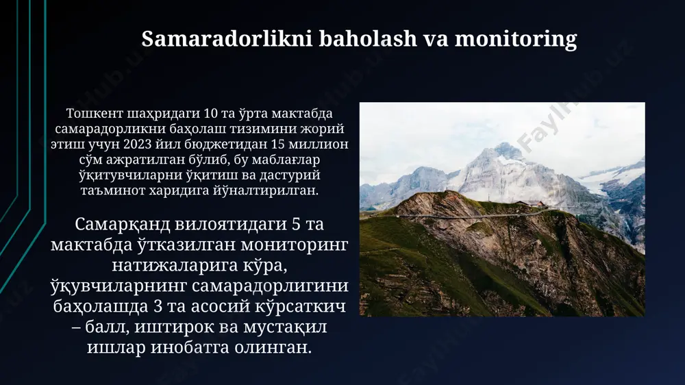 арида ёнғин хавфсизлиги қоидаларига риоя этилиши, ёнғин ўчириш воситаларининг мавжудлиги ва ёнғин хавфсизлиги бўйича йиллик 2 мартадан кам бўлмаган ўқув машғулотлари ўтказилиши талаб этилади. ўзбекистон республикаси санитария-эпидемиология хизматининг 3-сонли буйруғига асосан, барча таълим муассасаларидаги ўқув жараёнлари ҳавонинг сифати ва гигиена меъёрларига мос келиши керак, ҳаво алмашинуви соатига камида 6 марта бўлиши лозим. o'qituvchilarni tayyorlash va malakasini oshirish samarqand viloyatida 2024-yil uchun o'qituvchilarni yangi davlat ta'lim standartiga moslashtirish bo'yicha 15 ta o'quv kurslari rejalashtirilgan. o'zbekistonning 5 ta viloyatida 2023-yilda kamida 1000 o'qituvchiga zamonaviy pedagogik texnologiyalar bo'yicha 3 kunlik treninglar o'tkazildi. o'quv jarayonini boshqarish o'quv jarayonini boshqarishda, elektron resurslardan foydalanish, xususan, "eduportal" platformasi orqali 200 dan ortiq o'quv materiallariga kirish imkoniyati o'qituvchilarning ishlarini 20% ga soddalashtiradi va o'quv jarayonini tezlashtiradi. o'quv jarayonini samarali boshqarish uchun, masalan, toshkentdagi 5 ta maktabda o'tkazilgan tadqiqotlar shuni ko'rsatdiki, o'quv rejalari va dars jadvallarini 3 oy oldin rejalashtirish o'quv yutuqlarini 15% ga oshirishga yordam beradi. o'quv rejasi …