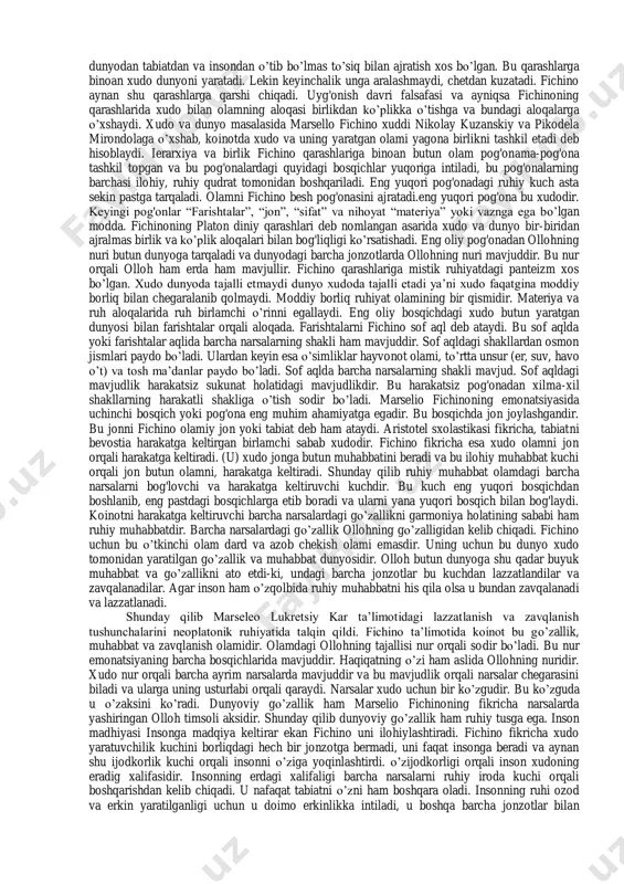 edi. ayniqsa, tutash chegara mamlakatlari: qurdoba (ispaniya), kavkaz, bolqon yarim orolida bu jarayon kuchli bo’lgan. yevropaliklar sharq olimlarining asarlarini lotin, ispan, yahudiy tillariga qilingan tarjimalar orqali yoxud bevosita arab tilida o’qib o’rganganlar. ibn sinoning “tib qonunlari”, “ash-shifo”, forobiyning “ilmlar tasnifi”, ahmad farg'oniyning “samo harakatlari va yulduzlar ilmining jami kitobi”, muxammad muso xorazmiyning “aljabr val muqobila”, ibn rushd, abu bakr roziy asarlari tarjima qilinib, keyinchalik nashr etilgan. algebra, algoritm fanlari xorazmiy asarlari tufayli shakllangan. “tib qonunlari” 7 asr mobaynida yevropa untiversitetlarida tibbiyot darsligi sifatida xizmat qildi. ibn sino shogirdi ibn rushd g'oyalari italiya, frantsiya hurfikrligini boshlab bergan. ibn sino – avitsenna, ibn rushd – averroes, ahmad farg'oniy – al frageni, abu bakr roziy – al ramzats, abu ma’shar balxiy – albumazar degan lotincha nomlar ostida mashhur bo’lgan. “o’sha paytda (13–16-a.) jaholat changalidagi yevropaning ko’pgina qismida musulmonlar ilm charog'ini yoqdilar...; ispanlar yozuvi ham, shimoliy oramiy yozuvi ham osiyodan olingan; shim., g'arbiy va …