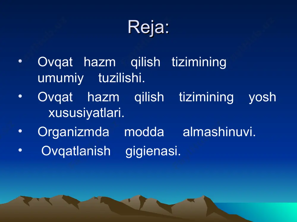 tta odamlarda o’rta xisobda 2,5-3 dm-3 ga etadi . ularda bir sutkada 1,5-2 dm-3 oshqozon shirasi ishlab shiqariladi . oshqozon shirasining 99% suv , 0,3-0,4% organik modda va tuzlardan iborat . oshqozon shirasi kislotik xususiyatga ega bo’lib , tarkibida 0,3-0,4% xlorid kislota shaklanadi . ph - 2,5 teng . ovqatni oshqozonda parchalanishini turlari mexanik kimiyoviy ona qornida bolaning 5 oyligidan boshlab sut tishlarining xujayralari vujudga kela boshlaydi . bolaning 6-8 oyligidan boshlab sut tishlari chiqa boshlaydi . avval 6 oylikdan kesuvchi so’ng sut tishlari , kichik oziq tishlar chiqadi . sut tishlari 20 ta bo’ladi: 2 ta kesuvchi , 1 ta qozik , 2 ta kichik oziq tishlari. sut tishlari 6-7 yoshdan boshlab doimiy tishlar bilan o’rin almashiniladi. bolaning 7 yoshida birinchi katta oziq tishi , 8 yoshida birinchi kichik oziq tishi , 13-16 yoshida katta og’iz tishi , 11-15 yoshida ikkinchi oziq tishlar , 18-30 yoshida uchinchi oziq tishlar …