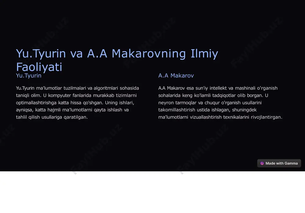 arni aniq tasvirlash imkonini beradi. bu usul, ayniqsa, genomika va moliyaviy ma'lumotlarni tahlil qilishda samarali qo'llanilmoqda. amaliy qo'llanishlar soha qo'llanish natija tibbiyot kasalliklarni bashorat qilish erta tashxis qo'yish imkoniyati moliya bozor tendensiyalarini aniqlash investitsiya qarorlarini optimallashtirishni ishlab chiqarish jarayonlarni optimallashtirishni samaradorlikni oshirish ekologiya iqlim o'zgarishlarini modellashtirish atrof-muhit himoyasi choralarini ishlab chiqish kompyuter fanlariga ta'siri algoritmik innovatsiyalar yu.tyurin va a.a makarovning ishlari algoritmlar nazariyasiga sezilarli hissa qo'shdi. ularning optimallashtirilgan algoritmlari katta hajmli ma'lumotlarni qayta ishlash va tahlil qilish imkoniyatlarini kengaytirdi. sun'iy intellekt rivojlanishi a.a makarovning sun'iy intellekt sohasidagi ishlari mashinali o'rganish va chuqur o'rganish usullarining rivojlanishiga turtki bo'ldi. bu esa zamonaviy ai tizimlarining takomillashishiga olib keldi. ma'lumotlarni vizuallashtirish ularning ma'lumotlarni vizuallashtirish usullari kompyuter grafikasi va interaktiv vizualizatsiya sohalarining rivojlanishiga katta hissa qo'shdi. bu esa murakkab ma'lumotlarni tushunish va tahlil qilishni yanada osonlashtirdi. bulutli hisoblash yu.tyurin va a.a makarovning katta hajmli ma'lumotlarni qayta ishlash usullari bulutli hisoblash texnologiyalarining rivojlanishiga ta'sir ko'rsatdi. bu …