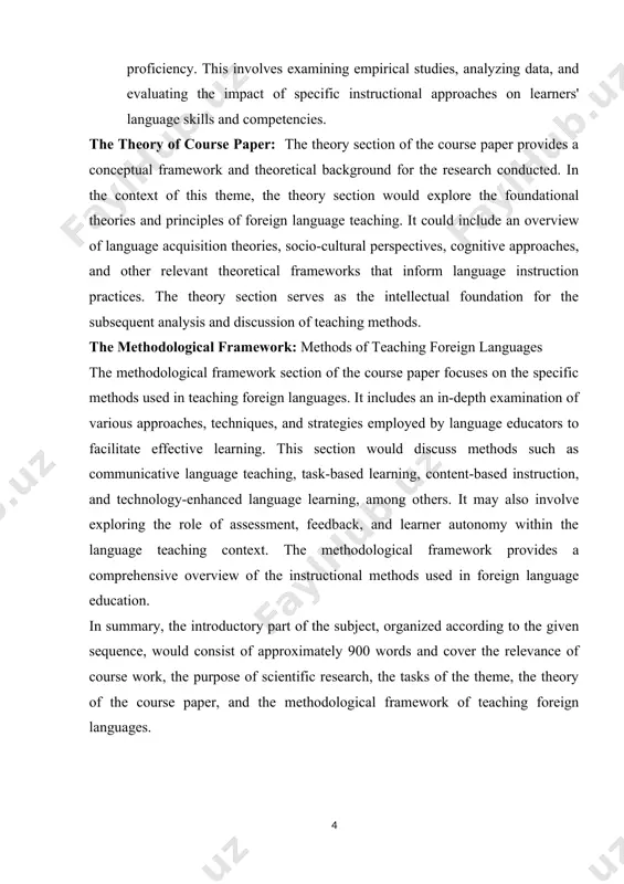 acilitate effective learning. this section would discuss methods such as communicative language teaching, task-based learning, content-based instruction, and technology-enhanced language learning, among others. it may also involve exploring the role of assessment, feedback, and learner autonomy within the language teaching context. the methodological framework provides a comprehensive overview of the instructional methods used in foreign language education. in summary, the introductory part of the subject, organized according to the given sequence, would consist of approximately 900 words and cover the relevance of course work, the purpose of scientific research, the tasks of the theme, the theory of the course paper, and the methodological framework of teaching foreign languages. chapter 1: communicative language teaching (clt) 1.1. introduction to communicative language teaching introduction to communicative language teaching (clt) offers an overview of an influential approach to language education that prioritizes the development of learners' communicative competence. communicative language teaching emerged as a …