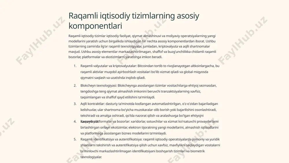 an, tengdoshga teng qiymat almashish imkonini beruvchi tranzaktsiyalarning xavfsiz, taqsimlangan va shaffof qayd etilishini ta'minlaydi. aqlli kontraktlar: dasturiy ta'minotda kodlangan avtomatlashtirilgan, o'z-o'zidan bajariladigan kelishuvlar, ular shartnoma bo'yicha muzokaralar olib borish yoki bajarilishini osonlashtiradi, tekshiradi va amalga oshiradi, qo'lda nazorat qilish va aralashuvga bo'lgan ehtiyojni kamaytiradi. raqamli platformalar va bozorlar: xaridorlar, sotuvchilar va xizmat ko'rsatuvchi provayderlarni birlashtirgan onlayn ekotizimlar, elektron tijoratning yangi modellarini, almashish iqtisodlarini va platformaga asoslangan biznes modellarini ta'minlaydi. raqamli identifikatsiya va autentifikatsiya: raqamli iqtisodiy operatsiyalarda jismoniy va yuridik shaxslarni tekshirish va autentifikatsiya qilish uchun xavfsiz, maxfiylikni saqlaydigan vositalarni ta'minlovchi markazlashtirilmagan identifikatsiyani boshqarish tizimlari va biometrik texnologiyalar. 3 raqamli iqtisodiy tizimlarning afzalliklari samaradorlik raqamli iqtisodiy tizimlar jarayonlarni soddalashtirish, qo'shimcha xarajatlarni kamaytirish va samaradorlikni oshirish uchun texnologiyadan foydalanadi. avtomatlashtirish va sun'iy intellektga asoslangan algoritmlar inventarni boshqarish, logistika va moliyaviy operatsiyalar kabi vazifalarni tezlik va aniqlik bilan hal qila oladi, bu esa korxonalar va iste'molchilar uchun yuqori samaradorlik va xarajatlarni tejashga …