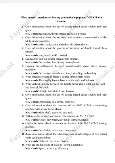 final control questions on sewing production equipment ysbkit 6th semester — DOCX
