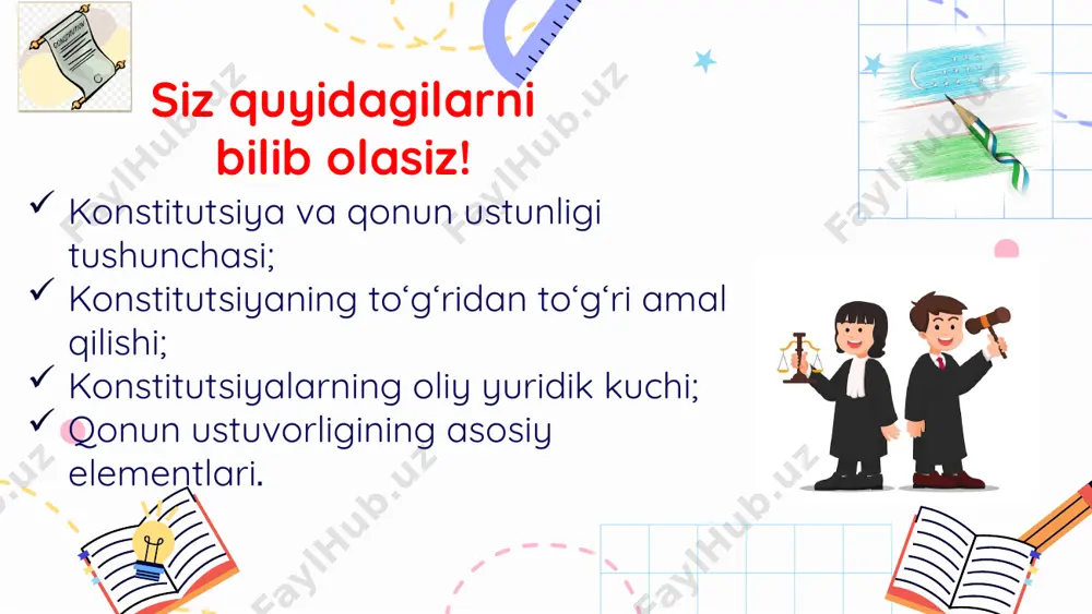 hida namoyon bo‘ladi ijtimoiy munosabatlarning jamiyat, fuqaro va davlat manfaatlariga mos tarzda tartibga solinganini anglatib, mamlakat miqyosida barqarorlik, batartiblik va qonuniy tartibot muhiti o‘rnatilganida namoyon bo‘ladi huquq buzilishi hollarining oldini olish, shuningdek, huquqiy munosabat ishtirokchilari qonunni buzgan taqdirda qonunda belgilangan tartibda, javobgarlikka tortish uchun qonunlarning huquqiy asos vazifasini bajarishida namoyon bo‘ladi qonun ustuvorligi tamoyili kostitutsiyaning oliy yuridik kuchi uning siyosiy-huquqiy hujjatligi parlamentda qabul qilinishining alohida tartibga ega ekanligi yoki umumxalq ovozi (referendum) asosida qabul qilinishi davlatning ichki va tashqi siyosatining asosiy strategik yo‘nalishlarini, insonning asosiy huquq va erkinliklarini belgilashida ham namoyon bo‘ladi xalqaro hujjatlarda qonun ustuvorligining asosiy elementlari qonun ijodkorligini shaffof, hisobdorlik va demokratik jarayonni qamrab olgan qonuniylikka asoslanishi huquqiy aniqlik o‘zboshimchalikning taqiqlanganligi inson huquqlarini hurmat qilish, kamsitmaslik ma’muriy hujjatlar ustidan sud nazoratining mavjudligi mustaqil va xolis odil sudlovning ochiqligi qonun oldida tenglik konstitusiya va qonun ustunligi- asosiy prinsiplardan biridir, o‘zbekiston respublikasining qonunlari va boshqa normativ-huquqiy hujjatlari o‘zbekiston respublikasining konstitutsiyasi …