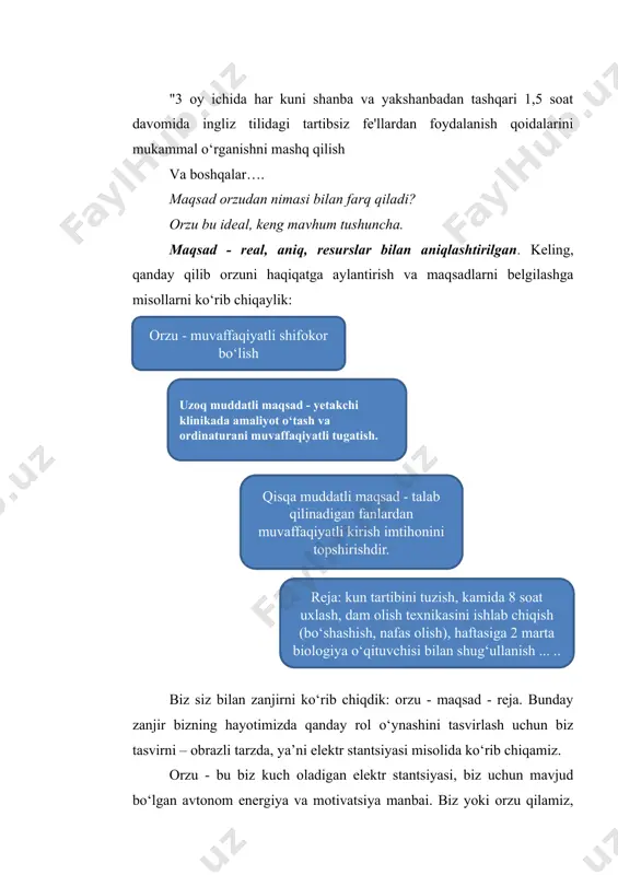 an xona" mashqi. maqsad: ijobiy hissiy muhitni yaratish, trening ishi uchun kayfiyatni ko’tarish. keling, asta-sekin xona ichida yurib, bir-birimizni kutib olaylik. va endi tasavvur qiling-a, xona saqich bilan to'ldirilgan va siz u orqali uzaydingiz. va endi esa xona to'q sariq devorlarga aylandi. zamin va ship, siz "fanta" da pufakchalar kabi energiya, quvnoq va yengil his qilasiz... va endi yomg'ir yog'di, atrofdagi hamma narsa ko'k va kul rangga aylandi. siz qayg'uli, qayg'uli, charchagan holda yurasiz…yana quyosh chiqdi. porloq kun… xursandlikdan sakraymiz. 3. "oyna" mashqi. maqsad: ideal "men"tushunchasini shakllantirish. endi siz ikki ko'zguda o'zingiz haqida yozish uchun taklif etilasiz: bir oyna siz hozir aslida qandayligingizni aks ettiradi, va boshqa oyna – siz qanday bo'lishni istaydigan qiyofa. munozara: ikkita oynada farqlar bormi? ular asosan nima bilan bog'liq? qanday qilib o'zgarishga erishishim mumkin? buning uchun nima kerak? 2-sessiya. asosiy qism. 4. "yoshlik yillari" mashqi. maqsad: shaxsiy resurslarni tushunish. emmanuel kantning "yoshlik yillari - eng …