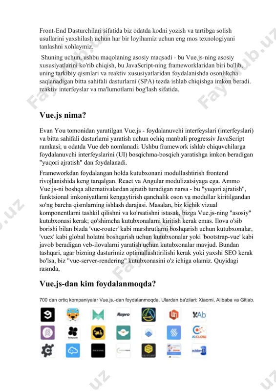 g, vue.js qo'shaloq jingalak qavslar tomonidan e'lon qilingan bayonotni baholaydi, shuning uchun vue misolidagi "ma'lumotlar" ob'ekti mag'lubiyat shabloniga o'tkaziladi. shuning uchun ma'lumotlar ob'ekti va dom bir-biriga bog'langan va endi hamma narsa reaktivdir. buni javascript konsolimizni ochish va app.message-ni boshqa qiymatga o'rnatish orqali tasdiqlashimiz mumkin. direktivalar direktivalar - bu domni boshqarishimizga imkon beradigan v- prefiksli (v-if, v-else, v-show, v-bind va v-model kabi) maxsus atributlar . masalan: bu erda v-if shartli ko'rsatmasi, agar "ko'rsatilgan" ifodaning qiymati to'g'ri bo'lsa, elementini olib tashlaydi yoki qo'shadi. agar javascript konsolimizga app.shown = false-ni kiritsak, biz xabar yo'qolganini ko'rishimiz kerak. shunday qilib, biz dom tuzilishi uchun ma'lumotlarni bog'lashimiz mumkin. ba'zi ko'rsatmalar direktiv nomidan keyin ikki nuqta bilan belgilanadigan "argument" qabul qilishi mumkin. masalan, v-bind direktivasi html atributini reaktiv ravishda yangilash uchun ishlatiladi. quyida, "to'ldiruvchi" - bu "kutilgan qiymat" iborasi qiymatiga elementning "to'ldiruvchi" atributini bog'lash uchun v-bind direktivasini ko'rsatadigan argument. loops v-for direktivasi array ma'lumotlari yordamida elementlarning ro'yxatini …