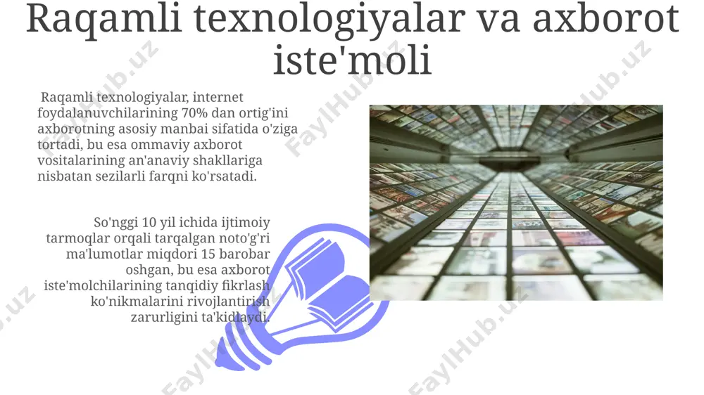polismi" xavfini 15% ga oshiradi. metarers va kengaytirilgan haqiqat texnologiyalari axborot iste'moli va tarqalishi usullarini tubdan o'zgartiradi, 2030 yilga kelib 50% dan ortiq odamlar meta-ma'lumotlar bilan ishlashga odatlanadi. axborot madaniyati va ta'lim raqamli vositalardan foydalanish orqali, masalan, interaktiv o'yinlar va simulyatsiyalar orqali axborot madaniyatini o'rgatish samaradorligini 30% ga oshirish mumkin. o'quv dasturlariga axborot savodxonligi bo'yicha 5 ta asosiy modulni qo'shish, yoshlarni 40% ga ko'proq axborot tahlili qilishga undaydi. media savodxonligi ko'nikmalari 01 02 media savodxonligi ko'nikmalarini rivojlantirish uchun interfaol o'yinlar va simulyatsiyalar, masalan, yolg'on axborotni aniqlash bo'yicha 5 ta bosqichli mashqlar samarali vosita bo'lib xizmat qiladi. sales 1st qtr 2nd qtr 100 0 sales 1st qtr 2nd qtr 100 0 e'tiboringiz uchun rahmat @taqdimot_robot image4.jpg image5.jpg image6.jpg image7.jpg image8.jpg image9.jpg image10.jpg image11.jpg image12.jpg image13.jpg image14.jpg image15.jpg image1.jpeg image2.jpeg image3.jpeg
