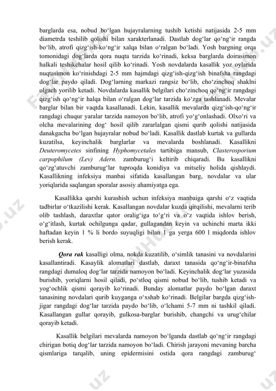 i yo‘q qilish, daraxtlarga oltingugurt, impakt, topaz va vektra fungitsidlari bilan ishlov berish, chidamli navlarni ekish kerak. monilioz kasalligi. kasallik zararlangan joyda qo‘ng‘ir rangdagi dog‘lanish bilan boshlanadi. meva mag‘zi qo‘ng‘ir rangga kirib, yumshoq bo‘lib qoladi, mazasi yo‘qoladi. mevaning ustida hosil bo‘lgan yostiqchalarda zamburug‘ sporasi yetiladi. kasallikni - hyphomycetalis tartibiga mansub monilia fructigena zamburug‘i keltirib chiqaradi. kasallik zanjirsimon tuzilishdagi konidiyalar vositasida ko‘payadi. kasallik qo‘zg‘atuvchisi mevani zararlangan joyidan kirib keladi. sporaning rivojlanishi nam sharoitda amalga oshadi. infeksiyaning birlamchi manbai kasallangan mevalar bo‘lib, ularda hosil bo‘lgal sporalar turli yo‘llar bilan tarqalishi hisobiga amalga oshadi. qarshi kurash choralari: mevaning mexanik zararlanmaslik chora tadbirlarini ko‘rish, kasallangan mevalarii yig‘ishtirib olib tashlash, o‘simliklarga 1 % li bordo suyuqligi bilan ishlov berish kerak. danak mevali daraxtlarning klyasterosporioz yoki teshikli dog‘lanish kasalligi. kasallik mevali daraxtlarning bargini, novdasini, mevasini, kurtagini, gulini zararlaydi. kasallik belgilari yosh barglarda dog‘lar tariqasida, keksaygan barglarda esa, nobud bo‘lgan hujayralarning tushib ketishi natijasida 2-5 mm diametrda …