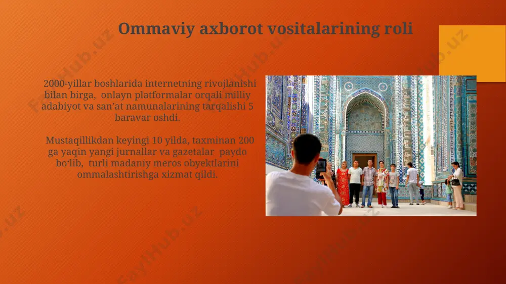 mashinuv dasturlari orqali 100 dan ortiq xorijiy mutaxassislar bilan 50 dan ziyod madaniy loyihalar amalga oshirildi. din va ma’naviyatning o‘rni davlat tomonidan qoʻllab-quvvatlangan 50 dan ortiq diniy loyihalar, jumladan, qur’on va hadislarni oʻrganish markazlari tashkil etildi, bu esa diniy bilimlarni ommalashtirishga olib keldi. 90-yillardan boshlab, diniy ta’lim muassasalarining soni 10 baravar koʻpayib, islomning sunniy mazhabi, oʻzbek xalqining an’anaviy dini sifatida, qayta tiklandi. kelajak uchun strategiya ushbu strategiya doirasida 2000-yillarning boshida 100 dan ortiq madaniy yodgorliklarni ta’mirlash va qayta tiklash bo'yicha keng ko'lamli ishlar amalga oshirildi, bu milliy madaniy merosni saqlashga xizmat qildi. “kelajak uchun strategiya”da milliy qadriyatlar, an’analar va urf-odatlarni o'rganish va targ'ib qilishga alohida e'tibor qaratildi, bu esa 15 dan ortiq yangi muzeylar va madaniy markazlar ochilishini ta’minladi. milliy musiqa va raqs san’atining rivojlanishi 1990-2000 yillar davomida milliy raqs san'atida 15 dan ziyod xoreografik spektakllar sahnalashtirildi, ular xalq an'analarini zamonaviy tushunchalar bilan uyg'unlashtirdi. xalq cholg'ulari orkestrlarining soni 2 baravar …
