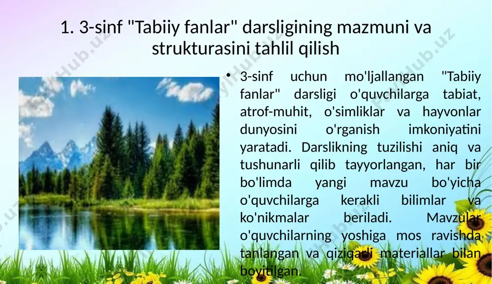 chilarning amaliy ko'nikmalarini rivojlantirish uchun har bir mavzu bo'yicha o'zlashtirishni mustahkamlash uchun turli usullar kiritilgan. masalan, eksperimentlar, guruh ishlari, interfaol o'yinlar va boshqa amaliy metodlar yordamida o'quvchilarning ijtimoiy faolligi oshiriladi. o'quvchilar o'z bilimlarini amalda qo'llashga va tabiat hodisalarini tahlil qilishga o'rganadilar. darslikda har bir bo'limda amaliy mashqlar va o'quvchilarga yordam beradigan ko'plab misollar mavjud. bu o'quvchilarga tabiiy fanlarni o'rganishda yordam beradi va ularning bilimlarini kuchaytiradi. shuningdek, o'quvchilarning ko'nikmalarini rivojlantirish uchun amaliy mashqlar va ko'rgazmali materiallar berilgan. 3. darslikning kamchiliklari va takomillashtirish yo'llari darslikda o'quvchilar uchun foydali bo'lgan bir qator materiallar mavjud, ammo ba'zi jihatlarda darslikni takomillashtirish zarurati mavjud. darslikda ko'plab vizual materiallar, diagrammalar va tasvirlarning yetishmasligi o'quvchilarning diqqatini jalb qilishda muammo bo'lishi mumkin. o'quvchilarga mavzularni yanada tushunarli qilish uchun ko'proq tasvirlar va diagrammalar qo'shilishi kerak. shuningdek, darslikda ba'zi mavzularda o'quvchilar uchun murakkab tushunchalar berilgan. bu tushunchalarni o'quvchilarga tushunarli qilish uchun sodda va aniq izohlar berish zarur. darslikni yanada qulay va …