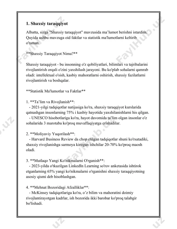 bu ularga yangi joylarda yoki yangi jamoalarda muvaffaqiyatli faoliyat olib borishga yordam beradi. 2. **o'zini o'zi anglash**: shaxsning o'ziga xos xususiyatlaridan biri o'zini o'zi anglash darajasidir. o'zini o'zi anglash qobiliyati yuqori bo'lgan odamlar o'zlarining his-tuyg'ularini, kuchli va zaif tomonlarini yaxshi bilishadi. 3. **emotik barqarorlik**: bu shaxsning stress va bosimga qarshi turish qobiliyatini o'lchaydi. emotik barqarorlik yuqori bo'lgan shaxslar murakkab holatlarga bardoshli bo'lishadi va o'z hissiyotlarini boshqarishda kuchliroq bo'lishadi. 4. **yangi tajribalarni qabul qilish**: boshqa bir muhim xususiyat insonning yangilikka ochiqligi darajasidir. bu xususiyat yangi bilimlar va tajribalar orttirishga, innovatsiyalarga tayyor bo'lish darajasini belgilaydi. 5. **ijtimoiylik**: bu shaxsning boshqa odamlar bilan qanday munosabatda bo'lishini belgilaydi. ijtimoiy bo'lgan odamlar ko'pincha do'stona, ochiq, suhbatdosh va jamoaviy faoliyatlarga moyil bo'lishadi. 6. **samaradorlik**: samaradorlik shaxsning maqsadlarini amalga oshirishda izchillikni ko'rsatsa, bu uning o'ziga xos xususiyatlaridan biridir. maqsadga yo'naltirilgan harakatlar, mehnatsevarlik va mas'uliyat tuyg'usi buni tavsiflaydi. 7. **yaxlitlik va ishonchlilik**: bu xususiyatlar shaxsning to'g'ri va adolatli …