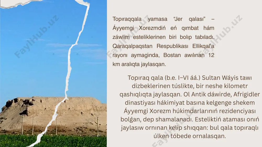 sazın shertip tur. «suwınlar zalı»n usı haywanlardıń tóbesinde grifonlar bar figuraları bezep turǵan. áshekóylik, itimal, ósimlikler hám haywanat dúnyasındaǵı ómirdiń aynalısın bergen. misteriyalar ótkeriletuǵın «ayaq oyın oynap atırǵan nıqaplılar zalı» diywallarınıń hár jer-hár jerinde erkekler hám hayallardıń jup tárizde oyınǵa túsip atırǵan kórinisleri saqlanıp qalǵan. áyyemgi xorezm hújjetleri – kútá áhmiyetli tabılmalardan esaplanadı. hár qıylı zatlar hám azıq-awqatlardıń alıp keliniwi terige xatqa túsirilgen; bazı sáneler saqlanıp qalǵan, olardıń arası – xorezm erasınıń (b.e. i ásiriniń basları) 188- hám 252-jılları. aǵashqa jazılǵan hújjetler – bul iske (yaki áskeriy xızmetke) jaramlı erkeklerdiń (erkin bolǵanlar hám qullar) dizimi bolıp, onda bir neshshe xorezmli familiyalar quramına kiretuǵın erkekler kórsetilgen. tolstov s. p., drevniy khorezm, m., 1448; tolstov s. p., qadimgi xorazm madaniyatini izlab. t., 1964. dzhabbarov i. drevniy khorezm – strana vysokoy kul’tury i unikal’noy dukhovnosti (etno-istoricheskiye ocherki) moskva : institut etnologii i antropologii ran, 2014. koy-krilgan-kala – pamyatnik kul-turm drevnego xorezma iv v. …