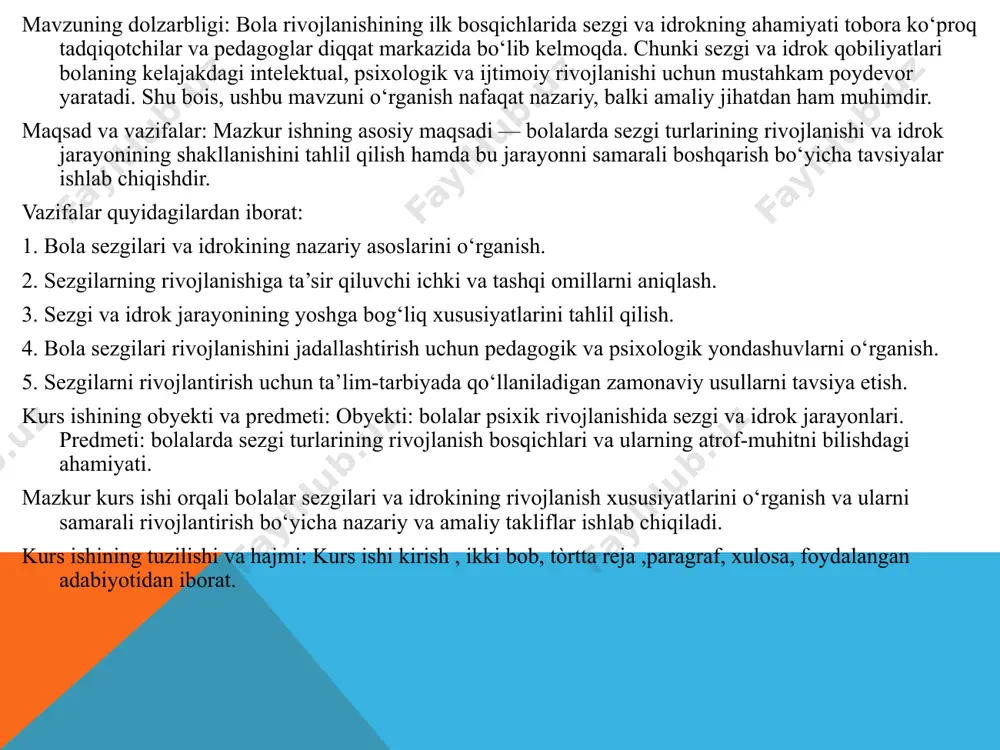 dagi ba'zi yangi ma'lumotlar quyidagicha: 1. neurologik rivojlanish va sezgi tizimlari: neural plastiklik: bola miya rivojlanishida plastiklik degan jarayon mavjud. bu shuni anglatadiki, bola atrof-muhitdan olingan tajribalar orqali o'z miya strukturalarini o'zgartirishi mumkin. misol uchun, bola yangi narsalarni o'rgandikca, miya yangi sinaps (bog'lanishlar) yaratadi, bu esa uning sezgi va idrok qobiliyatlarini yaxshilaydi. sezgilar orasidagi integratsiya: 1-2 yoshdan keyin bola ko'p sezgilarni (ko'rish, eshitish, tat, hidi va boshqalar) birgalikda ishlatishni o'rganadi. misol uchun, bola ta'mni va hiddini bir vaqtning o'zida sezishi mumkin, bu uning ovqatlanish jarayonida o'ziga xos bir tajriba yaratadi. 2. sensorli integratsiya va disfunksiya: sensorli integratsiya (sensory integration): bu bolaning turli sezgi ma'lumotlarini birlashtirishi va muvofiqlashtirishidir. misol uchun, bola o'zi qayerda ekanligini tushunishi uchun ko'rish, eshitish va balans tizimini birlashtirishi kerak. agar bola sensorli integratsiya bilan bog'liq muammolarni boshdan kechirsa, bu uning hissiy va jismoniy rivojlanishiga ta'sir qilishi mumkin. sensorli disfunksiya: bu, bolaning sezgilarni to'g'ri qabul qilmaslik holatidir. masalan, …