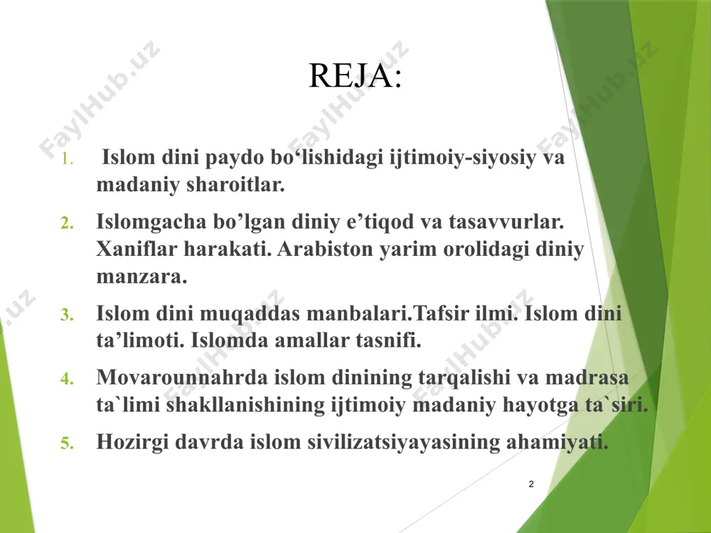 yahudiylarning ham kichik jamoalari mavjud edi. bu din mazkur mintaqaga ikki bosqichda kirib kelgan. birinchi bosqich, miloddan avval 586 yilda buxtunnasr qo‘shini yahudiylar ustiga bostirib, ularni ta’qib ostiga olishi natijasida o‘z yurtlarini tashlab madinaga ko‘chishgan. ikkinchi marotaba esa, milodiy 70 yilda rimliklarni falastinga bostirib kirishi natijasida yahudiy qabilalar madina, xaybar, tayma kabi shaharlarga kelib joylashishgan. arabiston yarim oroliga habashiston va rim bosqini orqali xristianlik ham kirib kelgan. manbalarda qayd etilishicha, habashiston shohi abraha ka’ba ziyoratchilaridan tushayotgan daromadni yamanga burish va xristian diniga e’tiqod qiluvchilar sonini orttirish maqsadida “yamoniy” nomli katta cherkov qurdirgan. turli tazyiqlar natijasida g‘asson, tag‘lib, toy va bir qancha boshqa qabilalar nasroniylikni qabul qilgan. islom so‘zining lug‘aviy ma’nosini quyidagicha sharhlash mumkin: ixlos, turli sifatlardan salomat bo‘lish; itoat va bo‘ysinish. sulh va omonlik; islomning paydo bo‘lishi tahlil etish tarixiy davrning xususiyatlari, arab qabilalari hukmron bo‘lgan ijtimoiy – iqtisodiy munosabatlarni va ularning diniy g‘oyaviy hayoti bilan qisqacha tanishib chiqishni taqozo …