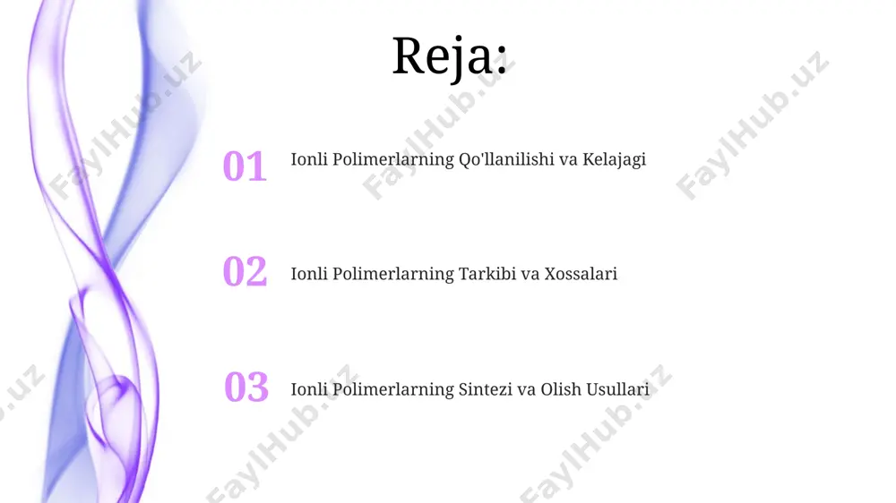 ri molekulyar og'irlikdagi polielektrolitlardir, ularning ion o'tkazuvchanligi yuqori. poli (vinil piridin) kabi ba'zi ioniy polimerlar 5% dan ortiq suvni yutib olib, gel holatiga o'tishi mumkin, bu ularning qo'llanilishini kengaytiradi. ioniy polimerlar bo'yicha tadqiqotlar polimer zanjirlarining uzunligi va ion konsentratsiyasi o'rtasidagi bog'liqlikni aniqlashga qaratilgan tadqiqotlar, ioniy polimerlarning mexanik va elektrik xossalarini aniq boshqarish imkonini beradi. suvli muhitda 90% dan yuqori namlikka chidamli ioniy polimerlarni yaratish bo'yicha olib borilayotgan tadqiqotlar, biotibbiyot sensorlari va biomateriallar ishlab chiqarishda ulardan foydalanish imkoniyatlarini ochmoqda. ioniy polimerlarning xossalari ionli polimerlarning o'tkazuvchanligi 10⁻⁴ dan 10⁻² s/sm gacha o'zgarib turadi va ularning tuzilishi, temperatura va namlikka bog'liq. ionli almashinuvi xususiyatiga ega bo'lgan polimerlarning ion almashinuvi sig'imi 1-10 mmol/g oralig'ida bo'ladi. ioniy polimerlarning qo'llanilishi ionli polimerlarning yuqori dielektrik o'tkazuvchanligi tufayli, 2000 f/g gacha bo'lgan sig'imga ega superkondensatorlar yaratishda qo'llanilishi mumkin. tibbiyotda, biokompatibligi yuqori bo'lgan ionli gidrogellar 30% gacha suvni o'z ichiga olgan holda, dorilarni etkazib berish tizimlarida muhim rol o'ynaydi. …