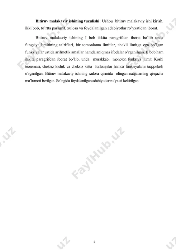 o’liq keltirilmagan, hamda mos misollar talqin qilinmagan. endi funksiya limitining koshi ta’rifini ning turli hollari bo’yicha ketma-ket qarab chiqamiz va misollar yordamida taxlil qilamiz. 4-ta’rif. agar yetarlicha kichik son uchun soni topilsaki, ning tengsizlikni qanoatlantiruvchi barcha qiymatlarida tengsizlik bajarilsa, soni funksiyaning nuqtada limiti deyiladi va kabi yoziladi. ( 1-misol. ushbu tenglikning o’rinli ekanligini ko’rsatamiz. yechilishi. 4-tarifga ko’ra yetarlicha kichik son uchun sonini deb olsak, u holda ning tengsizlikni qanoatlantiruvchi barcha qiymatlarida demak, yuqoridagi munosabatdan berilgan tenglikni o’rinli ekanligi kelib chiqadi 5-ta’rif. agar yetarlicha kata son uchun soni topilsaki, ning tengsizlikni qanoatlantiruvchi barcha qiymatlarida tengsizlik bajarilsa, u holda funksiyaning nuqtadagi limiti ga teng deyiladi va kabi yoziladi . 2-misol. ushbu tenglikni o’rinli ekanligini ko’rsatamiz. yechilishi. 5-tarifga ko’ra yetarlicha kata son uchun sonini deb olsak, u holda ning tengsizlikni qanoatlantiruvchi barcha qiymatlarida ekanligi kelib, chiqadi. bu esa yuqorida berilgan tenglikni o’rinli ekanligini ko’rsatadi. 6-tarif. agar yetarlicha kata son uchun soni topilsaki, ning …