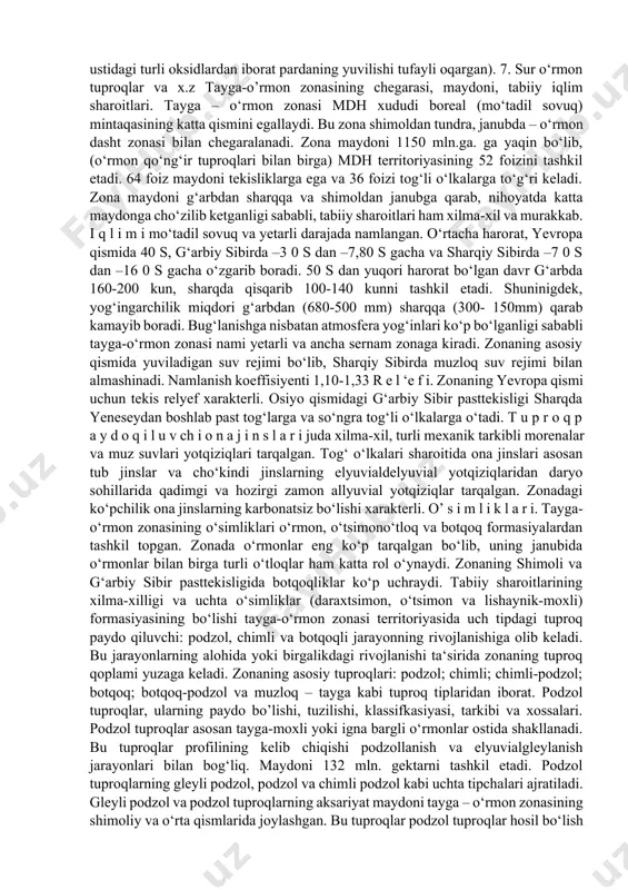 rofilning ustki qismida turli ekologik vaziyatlar va turli fizik kimyoviy sharoitlarda quyidagi jarayonlar sodir bo‘lishi mumkinligi faraz qilinadi: - birlamchi va ikkilamchi minerallarning parchalanishi, parchalangan mahsulotlarning xaqiqiy yoki kolloidli eritma holida pastga olib ketilishi; -mayda dispers zarrachalar (loyka, nozik va o‘rta chang)ning loyqa (bo‘tana, oqindi)lanishi va ularning parchalanmagan holda pastga olib ketilishi (lessivaj); - yirik zarrachalar ustidagi al, fe, mn va boshqa oksidlardan iborat kolloidli pardaning yuvilishi va hosil bo‘lgan birikmalarning pastga olib ketilishi (otbelivaniye). har qanday holda ham profilning elyuvial-illyuvialli differensiasiyalanishi oxir oqibatda granulometrik tarkibi bo‘yicha uning differensiasiyalanishiga olib keladi. elyuvial-illyuvialli-differensiasiya – bu har doim teksturali – differensiasiyalashgan profildir. ellyuvial va illyuvial jarayonlarning turli xilliligiga ko‘ra barcha nordon siallitli ellyuvial-illyuvial- tabaqalashgan tuproqlarni quyidagi guruhlarga bo‘lish mumkin: 1. podzollar 2. podzolli tuproqlar 3. loyqasizlangan tuproqlar 4. gleyli podzollashgan 5. gleyli loyqasizlangan tuproqlar 6. oqartirilgan (otbelenniye - yirik zarrachalar ustidagi turli oksidlardan iborat pardaning yuvilishi tufayli oqargan). 7. sur o‘rmon tuproqlar …