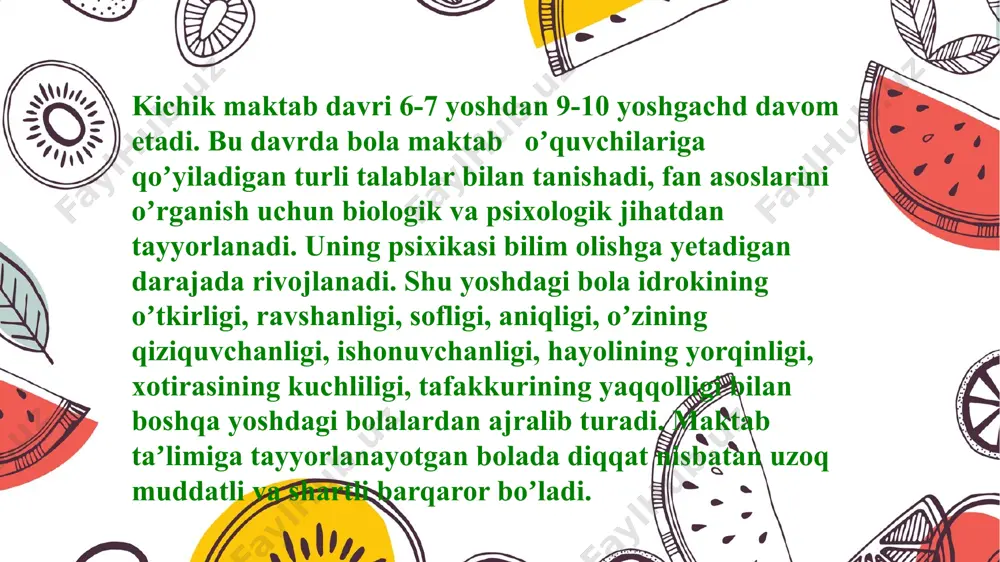 hlanadi. kichik maktab yoshidaga bolalar psixik rivojlanishiga ularning atrofidagi odamlar, ota-onasi va ayniqsa oʼqituvchi bilan boʼladigan munosabati orqali erishish mumkin. 3-4 sinflarga borib bola uchun uning oʼrtoqlari bilan munosabatining ham ahamiyati ortadi. bu munosabatlardan kattalar taʼlim-tarbiya maqsadlarida foydalanishlari mumkin. bu yoshdagi bolalar soatlab yolgʼiz holda sevimli mashgʼulotlari bilan shugʼullanishlari mumkin va shu asosda ularda mehnatsevarlik va mustaqillik fazilatlari shakllanadi. e'tiboringiz uchun rahmat. image1.png image2.jpeg image3.png