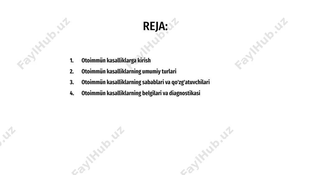 immunitet reaktsiyasini kuchaytirishi va otoimmün sharoitlarning rivojlanishiga olib kelishi mumkin. otoimmün kasalliklarning sabablari va qo'zg'atuvchilarini tushunish ushbu sharoitlarni samarali boshqarish uchun juda muhimdir. asosiy omillarni bartaraf etish orqali odamlar o'zlarining alomatlarini yaxshiroq nazorat qilishlari va hayot sifatini yaxshilashlari mumkin. salavha otoimmün kasalliklar tananing immunitet tizimi sog'lom hujayralarga noto'g'ri hujum qilganda paydo bo'ladi. semptomlar o'ziga xos holatga qarab juda farq qilishi mumkin, lekin ko'pincha charchoq, qo'shma og'riqlar va yallig'lanishni o'z ichiga oladi. 1 otoimmün kasalliklarga tashxis qo'yish simptomlarning keng doirasi va boshqa sharoitlarni taqlid qilishi mumkinligi sababli qiyin bo'lishi mumkin. tashxisni tasdiqlash uchun shifokorlar qon testlari, tasviriy tadqiqotlar va biopsiyalardan foydalanishlari mumkin. 3 erta aniqlash juda muhim, chunki ko'plab otoimmün kasalliklar davolanmasa, jiddiy asoratlarni keltirib chiqarishi mumkin. davolash ko'pincha immunitet tizimini qo'llab-quvvatlash uchun dori-darmonlar va turmush tarzini o'zgartirish bilan simptomlarni boshqarishni o'z ichiga oladi. 2 otoimmün kasalliklar uchun mavjud davolash usullari a tananing immun tizimi sog'lom hujayralarga hujum qiladigan otoimmün kasalliklar …