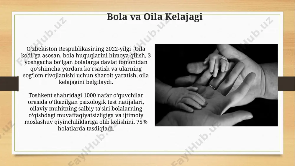 tinglash, ochiq savol berish va empatiya – bolaning o'ziga bo'lgan ishonchini 2 barobar oshirib, toshkentdagi bolalar psixologlari tomonidan tasdiqlangan. bola shaxsiyatining shakillanishi oilaviy muhitning ijtimoiy-iqtisodiy darajasi, masalan, samarqanddagi oilalarning 70%ida kuzatilayotgan kam ta’minlanganlik, bolaning psixologik rivojlanishiga sezilarli ta’sir ko‘rsatadi. bolalik davrida 5 yoshgacha bo‘lgan davrda shaxsning asosiy xususiyatlari, jumladan, munosabatlar uslubi va hissiy tartibga solish qobiliyati o‘zbekiston oilalarida shakllana boshlaydi. e'tiboringiz uchun rahmat @taqdimot_robot image7.jpg image8.jpg image9.jpg image10.jpg image11.jpg image12.jpg image13.jpg image14.jpg image15.jpg image3.png image4.png