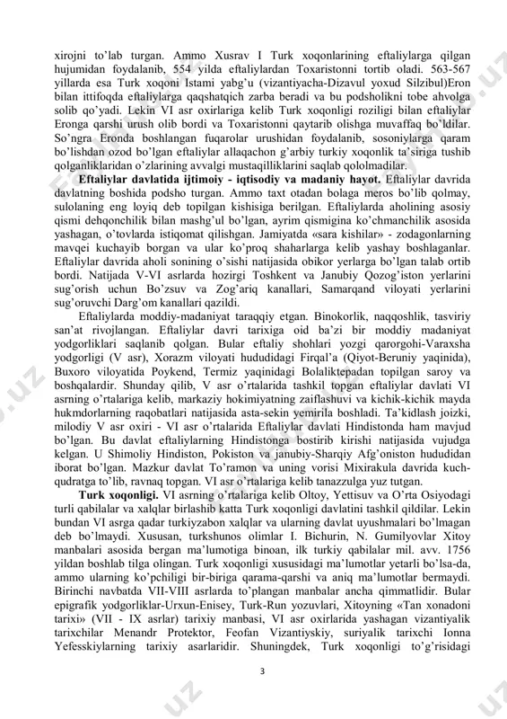 igan dehqonchilik hukmron bo’lgan butun o’rta osiyo hududida renta - soliq turi muhim ahamiyat kasb etgan. renta solig’ini ma’lum hududdagi jamoaga uyushgan erkin dehqonlar to’laganlar. bu erkin ziroatkor, ya’ni oddiy mehnatkash aholi - «kashovarzlar» deb atalganlar. kashovarzlar jamoa boshlig’i «dehqon»ga soliq to’laganlar. bu davrda sarkor, chokar, qo’shchi kabi ijtimoiy tabaqa vakillari ham bo’lgan. «sarkor» - mulkdor va quldor tabaqa vakillari, qishloq oqsoqollari hamda urug’ va qabila boshliqlari ishboshi sifatida obodonchilik ishlarida faol qatnashgan, «chokar» - dehqon qo’riqchisi, «qo’shchi» - yerni omoch bilan ag’daruvchi kashovarz. eftaliylar qo’li ostida tarbiyalangan perozning o’g’li kubod davrida eron eftaliylarga hiroj to’lashda davom etgan. uning hukmronlik yillaridagi (488-531) tengsizlik va ekspluatatsiya zulmiga qarshi xalq ommasi o’rtasida norozilik qo’zg’olonlari bo’lgan. bu davrda barcha yerlar jamoa qo’lidan tortib olinib «dehqon mulki»ga aylantirilgan. barcha boylik va hokimiyat boylar qo’lida bo’lgan. ayollar huquqi poymol qilingan. bu hol mazdak ibn hamadon boshchiligida qo’zg’olon kelib chiqishiga sabab bo’lgan. mazdakchilar-«z» harfi bilan boshlanadigan …