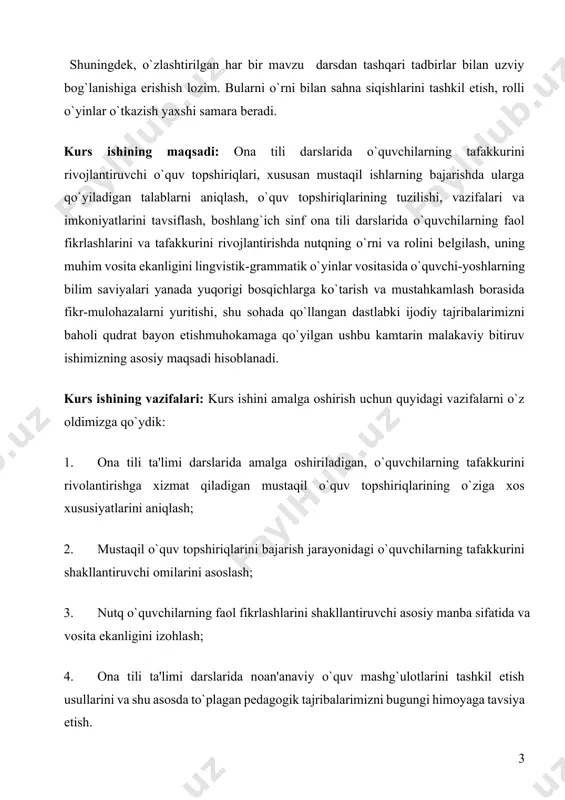 tiruvchi omilarini asoslash; 3. nutq o`quvchilarning faol fikrlashlarini shakllantiruvchi asosiy manba sifatida va vosita ekanligini izohlash; 4. ona tili ta'limi darslarida noan'anaviy o`quv mashg`ulotlarini tashkil etish usullarini va shu asosda to`plagan pеdagogik tajribalarimizni bugungi himoyaga tavsiya etish. tadqiqotning ob’ekti. sinfda va sinfdan tashqari o’qish darslari boshlang’ich sinflarda o’tiladigan barcha predmet dasturlarining bo’limlari bilan bevosita bog’liq mashg‘ulotlarning yangiligini ta’minlashga qaratilgan innovatsion texnologiyalar asosida dars o‘tish jarayoni tadqiqotimizning ob’ektini tashkil etadi. tadqiqotning predmeti. nutq o’stirish darslari, o’qish samaradorligini ijobiy tomonga ta’sir qilishning eng qulay usulidir. nutq o’stirish darslari boshlang’ich sinflarda o’tiladigan barcha predmet dasturlarining bo’limlari bilan bevosita bog’liq. o’qish darslarida o’tilgan mavzular asosida badiiy kitoblar axtarish, asar qahramonlarining nomlarini yozish, ularni tasvirlab berish, ijodiy rasm ishlash, fikrni yakunlash uchun mos maqollar yod olish ko’nikmalarini shakllantirish dolzarb metodik manba ekanligini aniqlash, ularning didaktik asosini belgilash ham mashg‘ulotning predmeti hisoblanadi. i bob. ona tili darsliklarini qiyosiy-tanqidiy tahlili. 1.1.“ona tili” darslarida bajariladigan mustaqilishlar o`quvchilarning “ona …