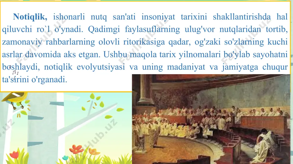 ilish uchun metafora, o'xshatish, o'xshashlik va alliteratsiya kabi ritorik vositalardan foydalaning. vokal xilma-xilligi: - malakali notiq vokal xilma-xilligidan qanday samarali foydalanishni biladi. bunga asosiy fikrlarni ta'kidlash, qiziqishni saqlab qolish va hissiyotlarni etkazish uchun turli xil balandlik, ohang, sur'at va hajm kiradi. tana tili: - og'zaki bo'lmagan muloqot notiqlikda kuchli vositadir. so'zlaringizni to'ldirish va samimiylik va ishonchni etkazish uchun tegishli imo-ishoralar, yuz ifodalari va tana harakatlaridan foydalaning. tomoshabinlarning xabardorligi: - nutqingizni tinglovchilaringizga moslashtiring. ularning qiziqishlari, bilimlari va umidlarini hisobga oling. kuchli ta'sirni yaratish uchun ular bilan hissiy va intellektual jihatdan bog'laning. kuchli ochilish va yopilish: - tinglovchilaringizning e'tiborini boshidanoq jozibali ochilish bilan jalb qiling va kuchli yakunlovchi bayonot bilan unutilmas taassurot qoldiring. birinchi va oxirgi daqiqalar ko'pincha eng esda qolarli bo'ladi. pauzadan samarali foydalanish: - strategik pauzalar diqqatni qo'shishi, tinglovchilaringizga ma'lumot olishiga imkon berishi va kutish tuyg'usini yaratishi mumkin. nutqda vaqtni belgilash san'atini o'zlashtirish juda muhimdir. moslashuvchanlik: - nutqingizni tinglovchilarning reaktsiyalari …