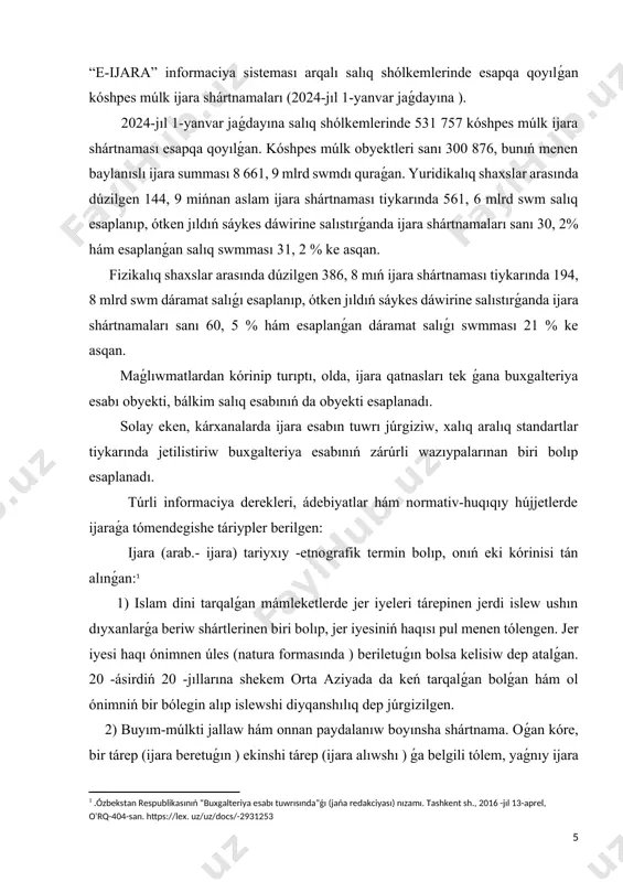 da ijara shártnamaları sanı 60, 5 % hám esaplanǵan dáramat salıǵı swmması 21 % ke asqan. maǵlıwmatlardan kórinip turıptı, olda, ijara qatnasları tek ǵana buxgalteriya esabı obyekti, bálkim salıq esabınıń da obyekti esaplanadı. solay eken, kárxanalarda ijara esabın tuwrı júrgiziw, xalıq aralıq standartlar tiykarında jetilistiriw buxgalteriya esabınıń zárúrli wazıypalarınan biri bolıp esaplanadı. túrli informaciya derekleri, ádebiyatlar hám normativ-huqıqıy hújjetlerde ijaraǵa tómendegishe táriypler berilgen: ijara (arab.- ijara) tariyxıy -etnografik termin bolıp, onıń eki kórinisi tán alınǵan:[footnoteref:1] [1: .ózbekstan respublikasınıń “buxgalteriya esabı tuwrısında”ǵı (jańa redakciyası) nızamı. tashkent sh., 2016 -jıl 13-aprel, o'rq-404-san. https://lex. uz/uz/docs/-2931253] 1) islam dini tarqalǵan mámleketlerde jer iyeleri tárepinen jerdi islew ushın dıyxanlarǵa beriw shártlerinen biri bolıp, jer iyesiniń haqısı pul menen tólengen. jer iyesi haqı ónimnen úles (natura formasında ) beriletuǵın bolsa kelisiw dep atalǵan. 20 -ásirdiń 20 -jıllarına shekem orta aziyada da keń tarqalǵan bolǵan hám ol ónimniń bir bólegin alıp islewshi diyqanshılıq dep júrgizilgen. 2) buyım-múlkti …