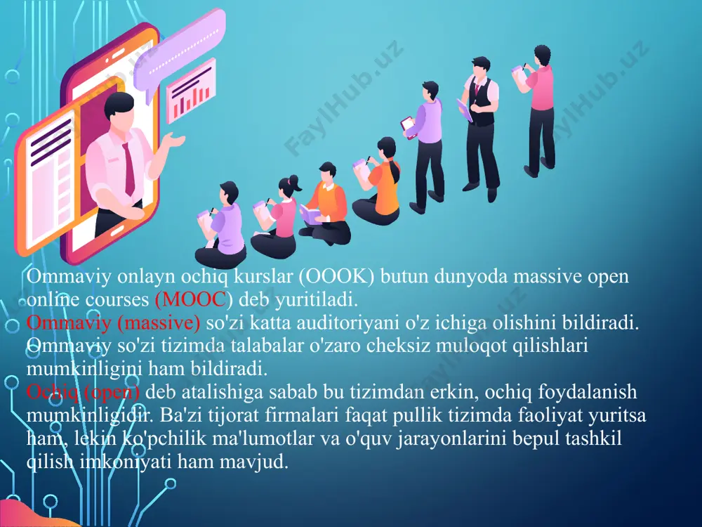 elgilangan kontentni o‘zlashtirish, ko‘nikmaga ega bo‘lish, balki boshqa ta’lim oluvchilar bilan muloqot natijasida qandaydir samaraga ham erishish mumkin. https://www.coursera.org/ platforma 2012-yilda stenford universitetining kompyuter fanlari professor-o‘qituvchilari tomonidan tashkil etilgan. coursera platformasi birinchilardan bo‘lmasa-da, o‘qitish strategiyasining to‘g‘ri tanlanganligi hamda tijoratga yo‘naltirilganligi bilan bugungi kunda onlayn ta’limda yetakchiga aylandi. 190 dan ziyod ta’lim muassasalari professor-o‘qituvchilari mana shu platforma resurslari bilan ishlaydi. mooc platformalarining yuzi hisoblanadi. 12 kurslar: fizika muhandislik tibbiyot gumanitar fanlar matematika biznes informatika va boshqalar interfeys tili: ingliz kurs tili: ingliz (asosiy) va boshqa tillar, deyarli barcha kurslarda subtitrlar mavjud. 13 https://khanacademy.org/ platformasi boshqa mooclardan farqli ravishda, ta’limga interfaollik va o‘yin texnologiyalarini olib kirgan va o‘z davrida birinchilardan bo‘lgan mashhur loyiha. bugungi kunga kelib platforma 36 dan ortiq tillarda (o‘zbek tili ham mavjud) 10 mingdan ortiq kichik video darslarni yaratgan. platformadan 100 mingdan ziyod interfaol misol va topshiriqlar joy olgan. khan academy darslari 190 dan ortiq mamlakatda o‘tiladi va hozirgi …