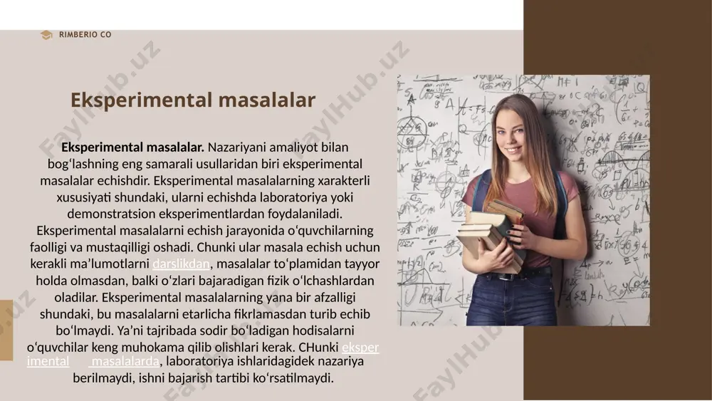 us masalalar gruppasi ijodiy masalalar deb ataluvchi masalalar kiradi. bu masalalarni ikita asosiy ko'rinishga bo'linadi: «nima uchun» degan savolga javob berishni talab etadigan «tadqiqot» va «qanday bajarish mumkin» degan savolga javob beradigan. sifat masalalariga, ularni yechish uchun hisoblashlar talab etilmaydi, unday masalalarni afzallik tomonlari ko'ppdir. masalan: suyuqlikning zichligi kubning zichligidan 5 marta katta bo'lgan suyuqlikda suzayotgan kubni chizishni taklif etish mumkin. hisoblash masalalariga eng sodda, mashq masalalari kiradi. masalan: dinamikaning ikkinchi qonunini o'rganishda kuch va massa bo'yicha tezlanishni yoki jism massasi va tezlanishi bo'yicha kuchni topishga bag'ishlangan 1 ta, 2 ta masalani ishlatish mumkin. studio shodwe xulosa xulosa qilib gettengen universitetining professori g.n.lixtenberg aytganidek: “kim-dan-kim men faqat fizikani bilaman desa,bilinki u fizikani ham bilmaydi”,-degan fikri juda qo‘l keladi. haqiqiy bilimli inson, u olimmi, yoki o‘qituvchi o‘z bilimini tor doiradagina oshirmay, balki keng sohani qamrab olib amalga oshiradi. bugungi talabalarimizga esa bu narsa biroz yetishmaydi. ularning fikrlash doiralari ancha tor bo‘lib, …