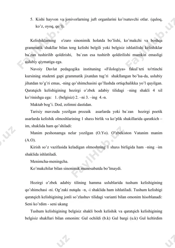 a nimaga ahamiyat berish jihatidan nozik ma`no farqi bor. tushum kelishigi ba`zi hollarda ko’makchilar bilan sinonimlik munosabatda bo’ladi: - muhabbatini so’zladi - muhabbati haqida so’zladi. hozirgi o’zbek adabiy tilida jo’nalish kelishigi qo’shimchasi - ga bo’lib, u bir qancha fonetik (- ka, -қa, -ғa ) deolektal (-ga, -a, -na ) tarixiy ( -nar, -garu, -karu) variantlarga ega. jo’nalish kelishigi bilan o’rin payt kelishiklari sinonimik munosabatda bo’ladi: - stadionga to’plandik - stadionda to’plandik. chiqish kelishigi bilan sinonimik munosabatda bo’ladi: - mehr-muhabbatdan to’ymaydi inson - mehr muhabbatga to’ymaydi inson. jo’nalish kelishigi narx, qiymat ma`nosini anglatganda, chiqish kelishigi bilan antonimik munosabatda bo’ladi. - bu daftarlarni yuz so’mga oldim. - bu daftarlarni yuz so’mdan oldim. amal, lavozimni bildiruvchi otlar jo’nalish kelishigidagi so’zlarni ham o’rin-payt kelishigidagi so’zlarni ham boshqara oladi: -zavodga derektor -zavodda derektor so’zlarni bunday shaklda qo’llash birikma ma`nosiga ta`sir qilmaydi, ammo shakllar bir-biridan ma`lum jihatlari bilan farqlanadi. agar diqqat markazida shaxsning lavozimini aniqlash tursa, …