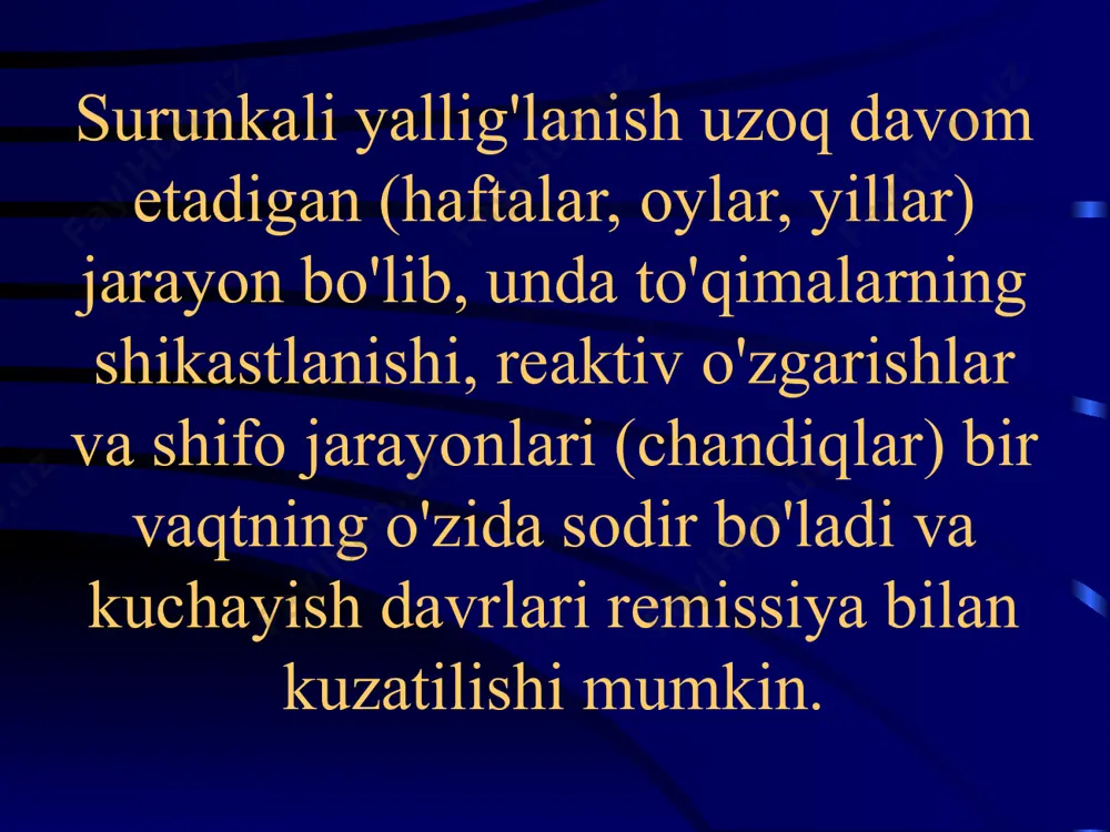 kali kurs. vaskulit. granulyomatoz kasalliklarning tasnifi (a.i. strukov, o.ya.kaufman, 1989) yuqumli granulomatoz: -bakterial (sil, brutsellyoz); -rikketsiya va xlamidiya (tifus, reiter sindromi va boshqalar); -zamburug'li (gistoplazmoz, mukoroz va boshqalar); yuqumli bo'lmagan granulomatoz (pnevmokonioz - silikoz, eaa va boshqalar); yatrogenik granulomatoz (jarrohlik talkozi, oleogranuloma va boshqalar); noma'lum tabiat (sarkoidoz, vegener granulomatozi va boshqalar). sarkoidoz - kazeatsiz ec granulomalari (vglu va o'pka) silikotuberkulyozda uyali chang granulomasi skleroz (yunoncha sklerosis - siqilish) - etuk zich biriktiruvchi to'qimalarning haddan tashqari o'sishi tufayli ichki organlar va to'qimalarning fokal yoki diffuz siqilishiga olib keladigan patologik jarayon. skleroz - bu qaytariladigan jarayon. fibroz - o'rtacha skleroz, sinonimi. siroz - organning deformatsiyasi va qayta tuzilishi bilan og'ir skleroz: -jigar; - yorug'lik va boshqalar. infarktdan keyingi kardioskleroz.hips. sirrozli sil - o'pkaning segmentar shikastlanishi image1.wmf image2.jpeg image3.jpeg image4.jpeg image5.jpeg image6.wmf case3c.jpg image7.jpeg image8.jpeg image9.jpeg image10.jpeg image11.jpeg image12.jpeg image13.png image14.png image15.png image16.png image17.png image18.jpeg image19.jpeg image20.png image21.jpeg image22.png image23.png image24.jpeg image25.png image26.png …
