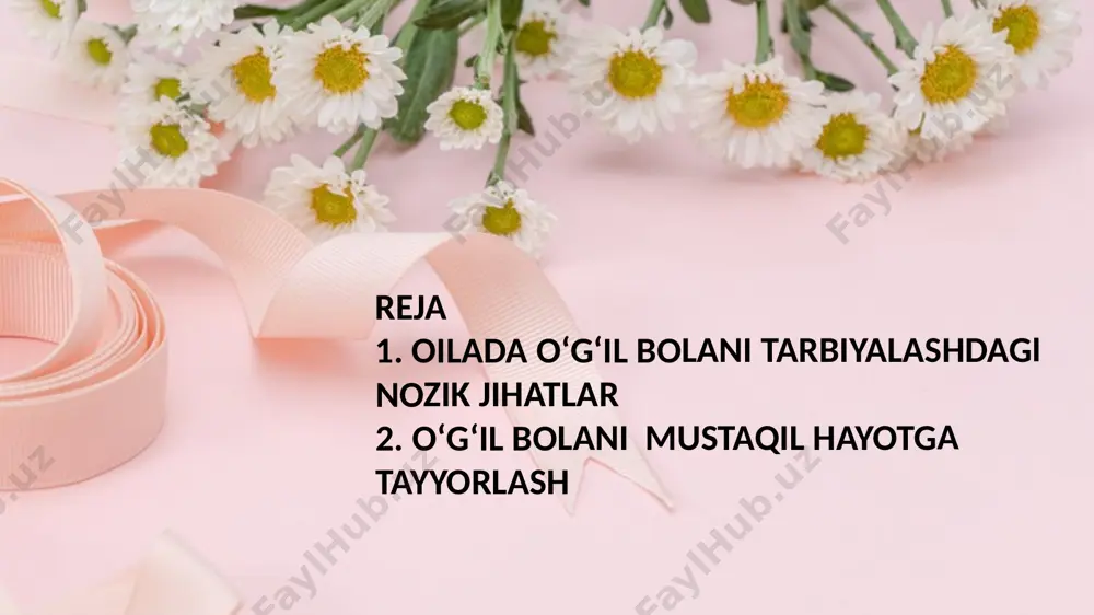 keltirish uy jihozlarini ishlatish va oddiy ta’mirlash ishlari jamoat transportidan foydalanish hujjatlar va bank xizmatlari bilan ishlash click to add your title here here to add your text, mainly to avoid large sections of text.here to add your text title text title text title text title text title text title text mehnatsevarlik va intizomni rivojlantirish mehnatning qadrini tushuntirish va dangasalikdan uzoq bo‘lishni o‘rgatish kerak. uni mustaqil ishlashga, kasb-hunar o‘rganishga va o‘z mehnati bilan natijalarga erishishga undash lozim. click to add your title here here to add your text, mainly to avoid large sections of text.here to add your text text title text title text title text title text title text title o‘z-o‘zini boshqarish va vaqtni to‘g‘ri taqsimlash mustaqil hayotda vaqtni to‘g‘ri taqsimlash muhim. dars, mashg‘ulotlar va dam olish vaqtlarini rejalashtirishga o‘rgatish lozim. eʼtiboringiz uchun tashakkur image1.png image2.jpeg image3.jpeg image4.png image5.jpeg image6.jpeg image7.jpeg image8.png image9.png image10.png image11.png image12.png image13.png image14.jpeg image15.png