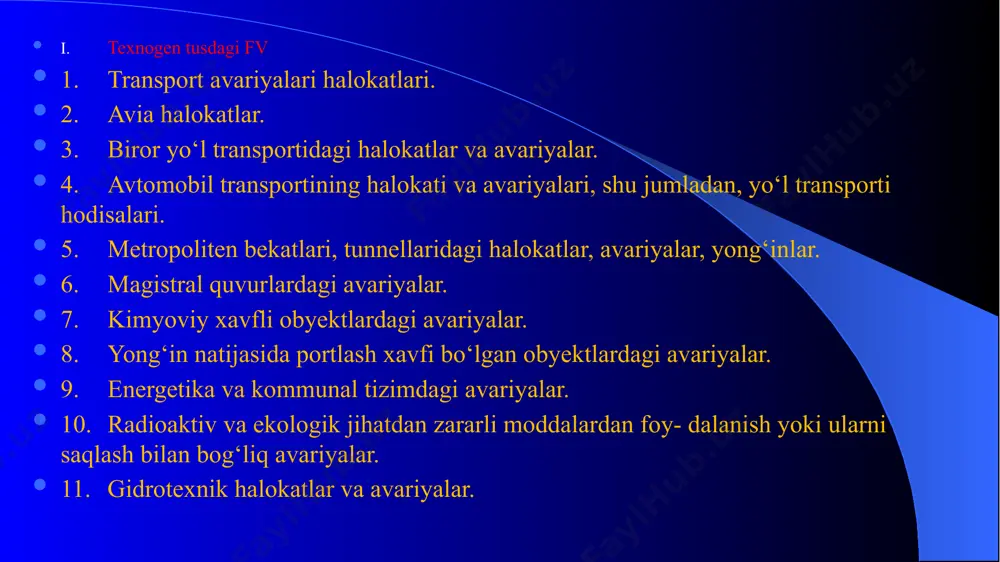 larning sog‘lig‘i uchun xavfli konsentratsiyalarda qo‘llanadigan pestitsidlar va boshqa zaharli ximikatlar borligi. epidemiologik vaziyatlar — o‘lat, vabo, toshmali tif, kuydirgi, quturish, oits. epidemiya — alohida xavfli infeksiyalarga tegishli bo‘lmagan, yuqish manbayi bitta yoki yuqish omili bir xil bo‘lgan odamlarning guruh bo‘lib kasallanishi. aholini va hududlarni fvdan muhofaza qilishning asosiy ta- moyillari quyidagilardan iborat: 1. insonparvarlik — inson hayoti va sog‘lig‘ining ustuvorligi. 2. oshkoralik. 3. axborotning o‘z vaqtida berilishi va ishonchli bo‘lishi. 4. fvdan muhofaza qilish choralarining oldindan ko‘rilishi. 1. fvning oldini olish, bunday vaziyatlarda aholining hayoti va sog‘lig‘ini, moddiy va madaniy boyliklarini muhofaza qilish, shu- ningdek, fv oqibatlarini bartaraf etish va zararni kamaytirish yuzasidan choralar ishlab chiqadi va amalga oshiradi. 2. aholini va hududlarni fvdan muhofaza qilish sohasida max- sus dasturlar ishlab chiqish va ilmiy tadqiqotlar amalga oshirishni tashkil etadi. 3. o‘z vakolati doirasida vazirlik va idoralar, korxona, muassasa va tashkilotlar, mansabdor shaxslar va fuqarolar bajarishi maj- buriy bo‘lgan qarorlar …