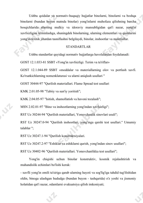 sizligi. terim va ta'riflar» gost 12.1.044-89 ssbt «moddalar va materiallarning olov va portlash xavfi. ko'rsatkichlarning nomenklaturasi va ularni aniqlash usullari " gost 30444-97 "qurilish materiallari. flame spread test usullari kmk 2.01.05-98 "tabiiy va sun'iy yoritish"; kmk 2.04.05-97 "isitish, shamollatish va havoni tozalash"; msn 2.02.01-97 "bino va inshootlarning yong'indan xavfsizligi"; rst uz 30244-94 "qurilish materiallari, yonuvchanlik sinovlari usuli"; rst uz 30247.0-94 "qurilish inshootlari, yong'inga qarshi test usullari." umumiy talablar "; rst uz 30247.1-94 "qurilish konstruktsiyalari. rst uz 30247.2-97 "eshiklar va eshiklarni qurish, yong'indan sinov usullari"; rst uz 30402-96 "qurilish materiallari. yonuvchanlikka test usullari"; yong'in chiqishi uchun binolar konstruktiv, kosmik rejalashtirish va muhandislik echimlari bo'lishi kerak: - xavfli yong'in omili ta'siriga qarab ularning hayoti va sog'lig'iga tahdid tug'ilishidan oldin, binoga ulashgan hududga (bundan buyon - tashqarida) o'z yoshi va jismoniy holatidan qat'i nazar, odamlarni evakuatsiya qilish imkoniyati; - odamlarni qutqarish imkoniyati; - yong'inga qarshi yong'in bo'linmalari xodimlari va yong'inga qarshi uskunalarni etkazib …